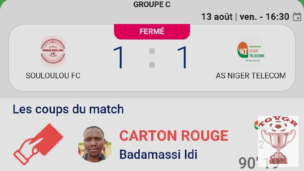 undefined - Vendredi 13 août 2021 à 16h40 s'est débuté la rencontre de SOULOULOU FC vs AS NIGER TÉLÉCOM. Malgré une forte pression de pluie quelques minutes après le coup d'envoi, l'arbitre n'a pas arrêté le match. À la 18è minutes de jeu, le joueur n°4 de SOULOULOU FC Inné Laouali a armé une frappe qui s'est terminée dans le filet du gardien de l'AS NIGER TÉLÉCOM et c'est le 1er but de la rencontre.
Après plusieurs échanges et de tentatives des deux côtés, l'AS NIGER TÉLÉCOM a réussi à égaliser par un beau coup franc direct de Badamassi Idi 84è.
Cette rencontre a enfin totalisée 8 carton jaune accompagné d'un rouge à Badamassi Idi dit Badé 90è suite au manque respect à l'arbitre.
