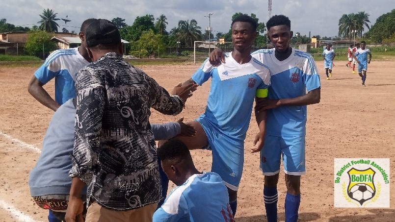 undefined - EMMANUEL SESAY CELEBRATING HIS SENSATIONAL GOAL TO GRAB ALL THE 3POINTS FOR KENEDDY FC AGAINST SEA SIDE RANGERS. 