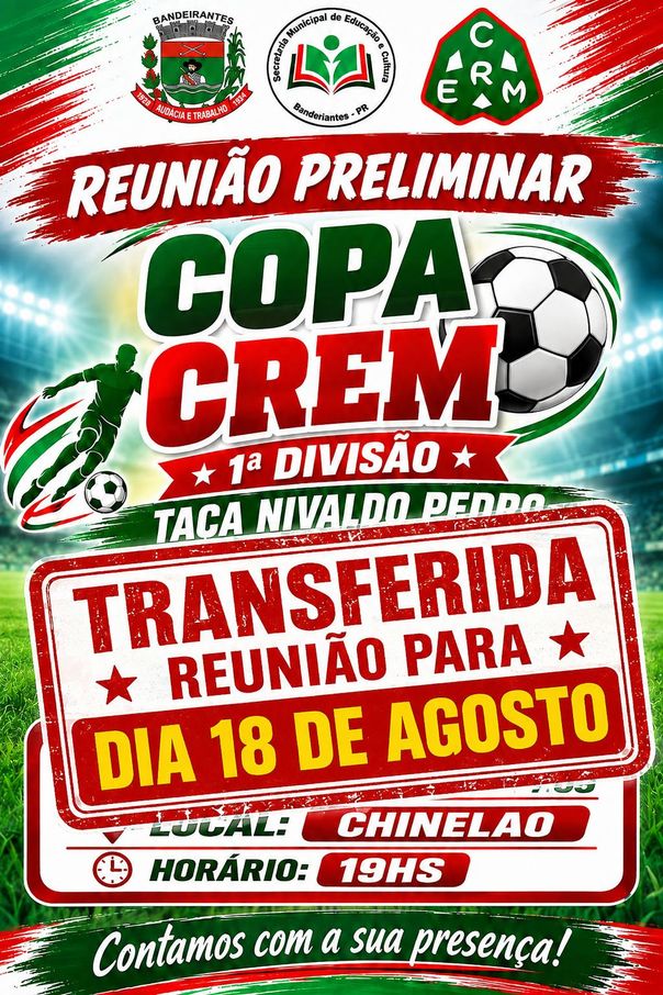 undefined - *Nota Oficial*: a CREM vem através dessa nota e no uso de suas atribuições legais adiar a reunião preliminar do *Futebol Amador 1ª Divisão para o dia *18 de Agosto*(*Terça feira)*, tendo em vista que seu Diretor encontra-se enfermo(com suspeita de Dengue). Desde já agradecemos a compreensão de todos.