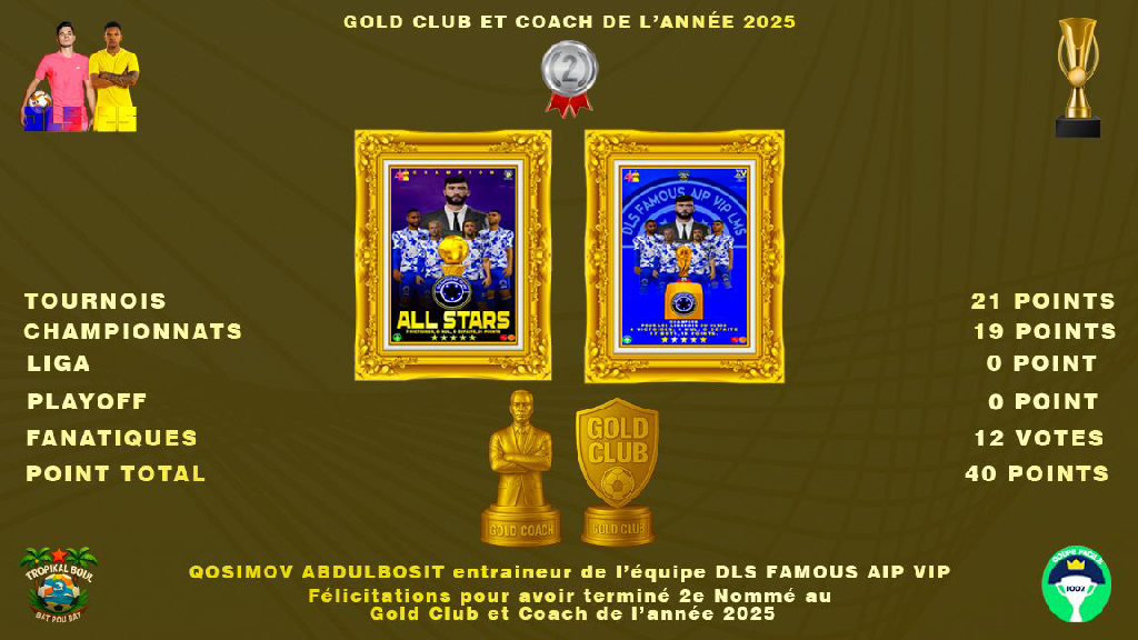 🥈 2ème : DLS FAMOUS AIP VIP"GOLD COACH" ET "GOLD CLUB 2025"