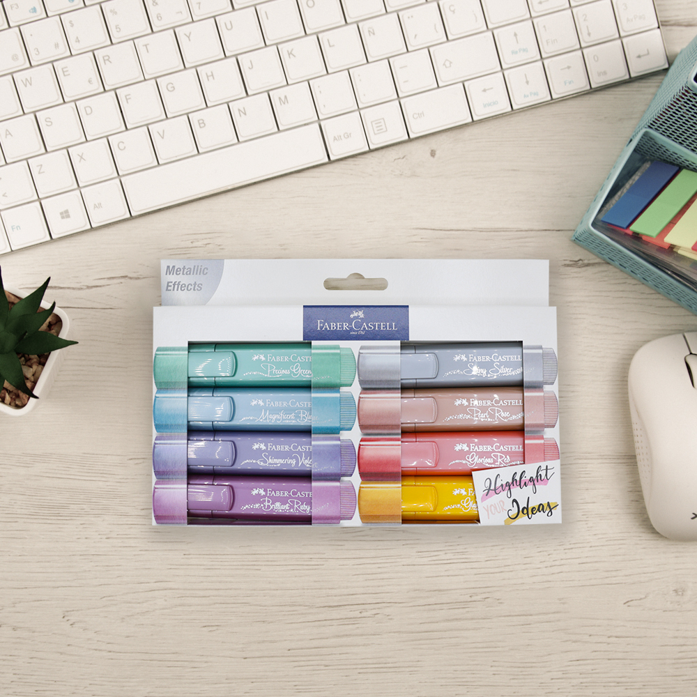 Pack 8 Subrayadores Faber Castell con Purpurina Efecto Metálico 