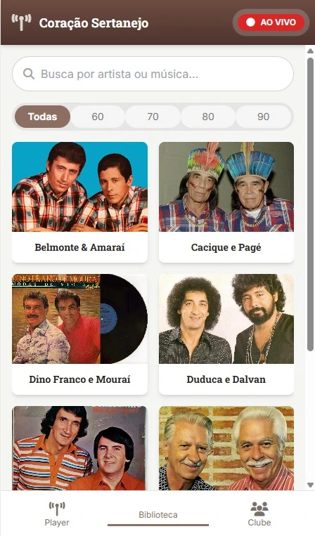 Interface do aplicativo Coração Sertanejo mostrando artistas sertanejos