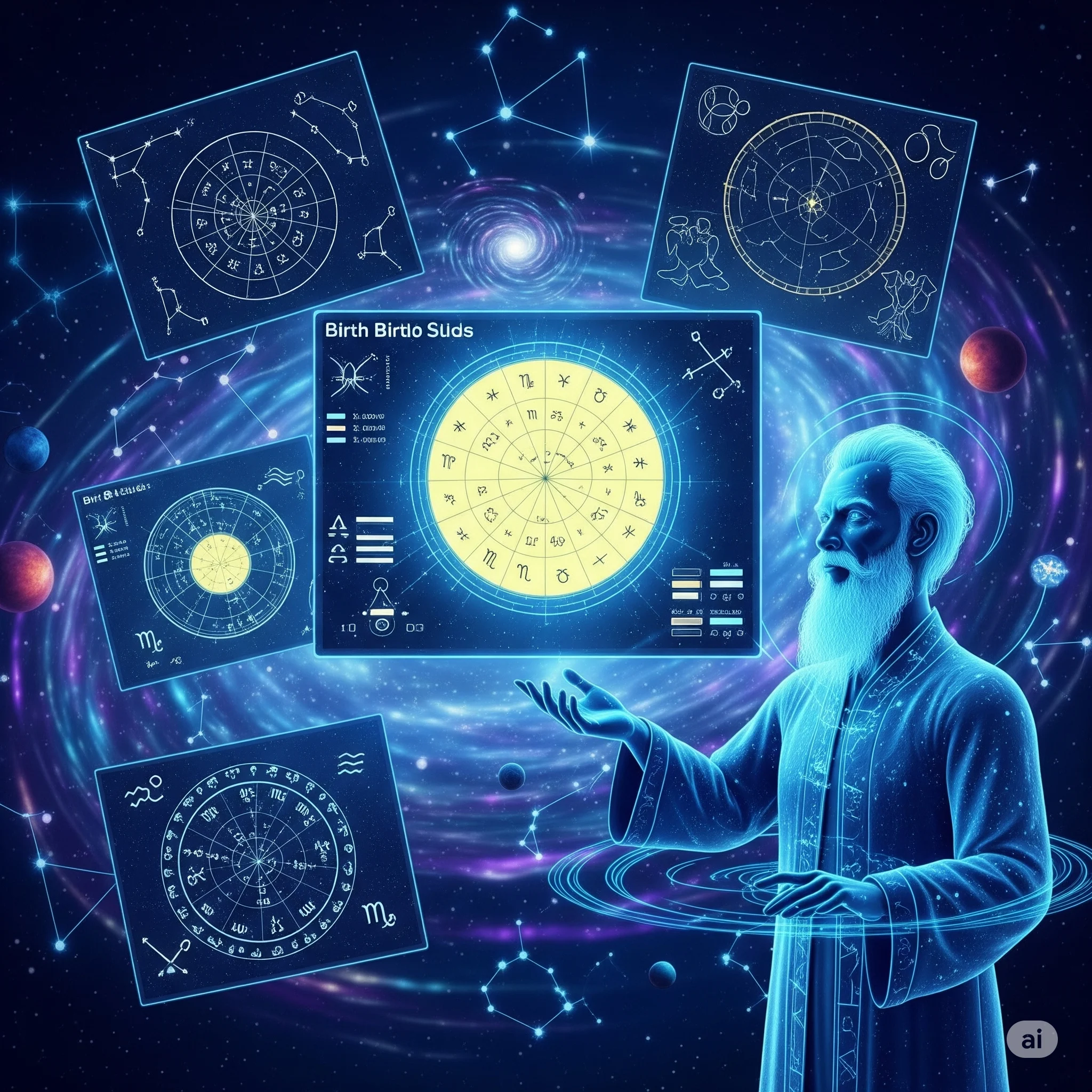 A visualization of the Mystic Banana platform displaying an instant, precise birth chart, demonstrating the power of AI astrology.