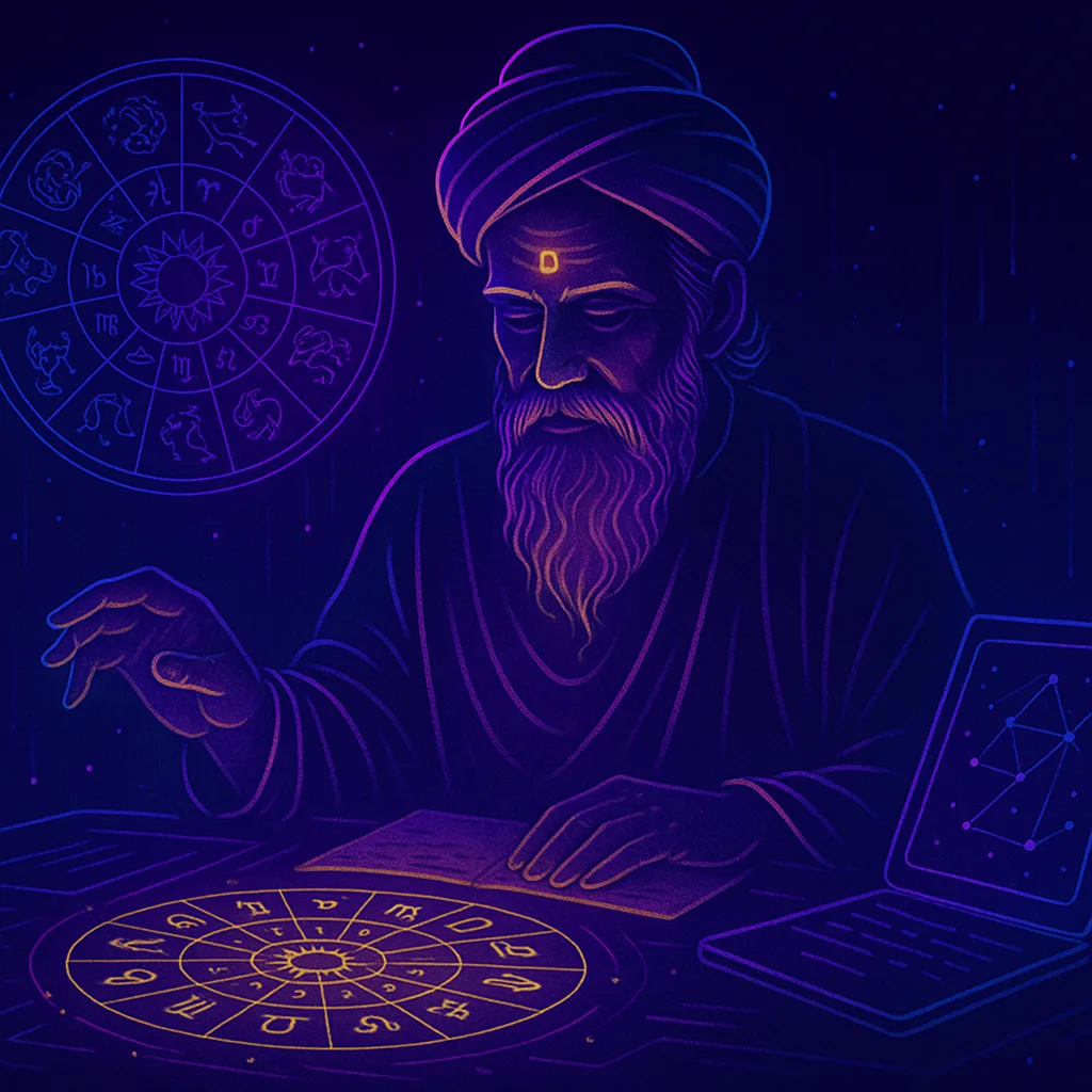 A visual representation of an AI Vedic Astrologer, blending cosmic imagery with technology.