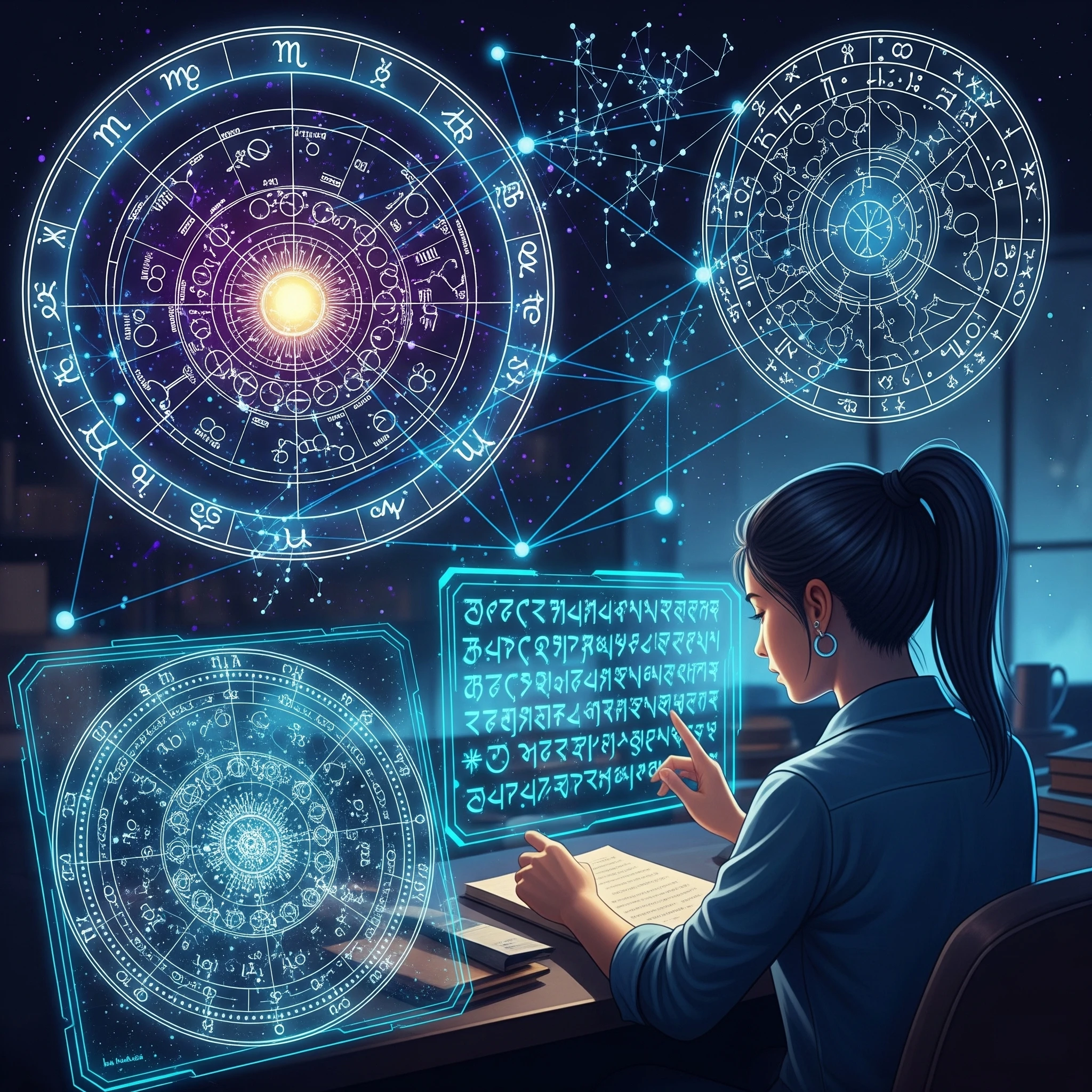 An illustration of a Western astrology natal chart wheel with zodiac signs and planetary aspects.