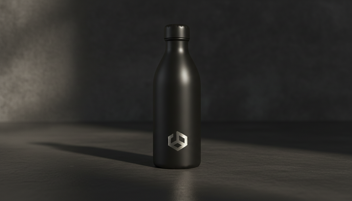 Botella térmica negra mate con un logo corporativo grabado a láser en plateado, sobre superficie oscura con luz lateral de estudio: el grabado revela el acero bajo la pintura al horno