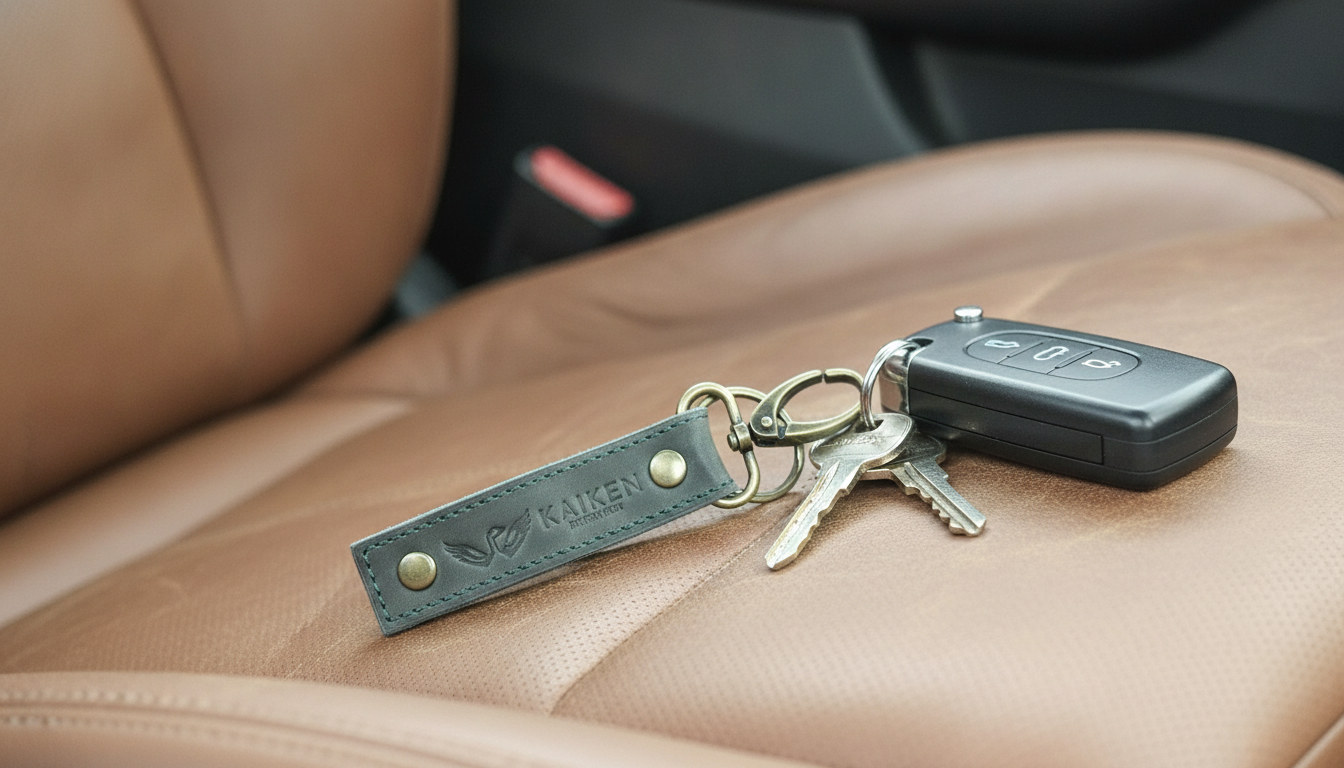 Llavero de cuero KAIKEN Patagonia con las llaves del auto sobre un asiento de cuero