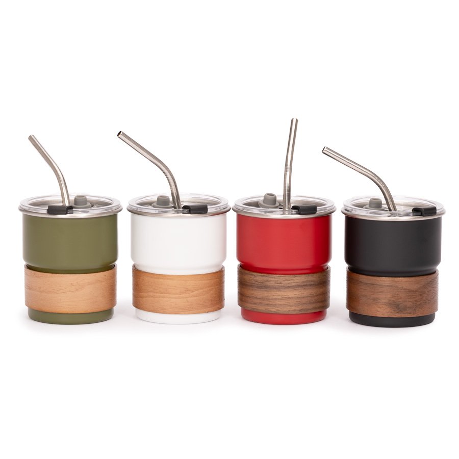 Vaso Térmico metálico «CAMP» 300cc. con Bombilla y Grip de Madera. · GF Group
