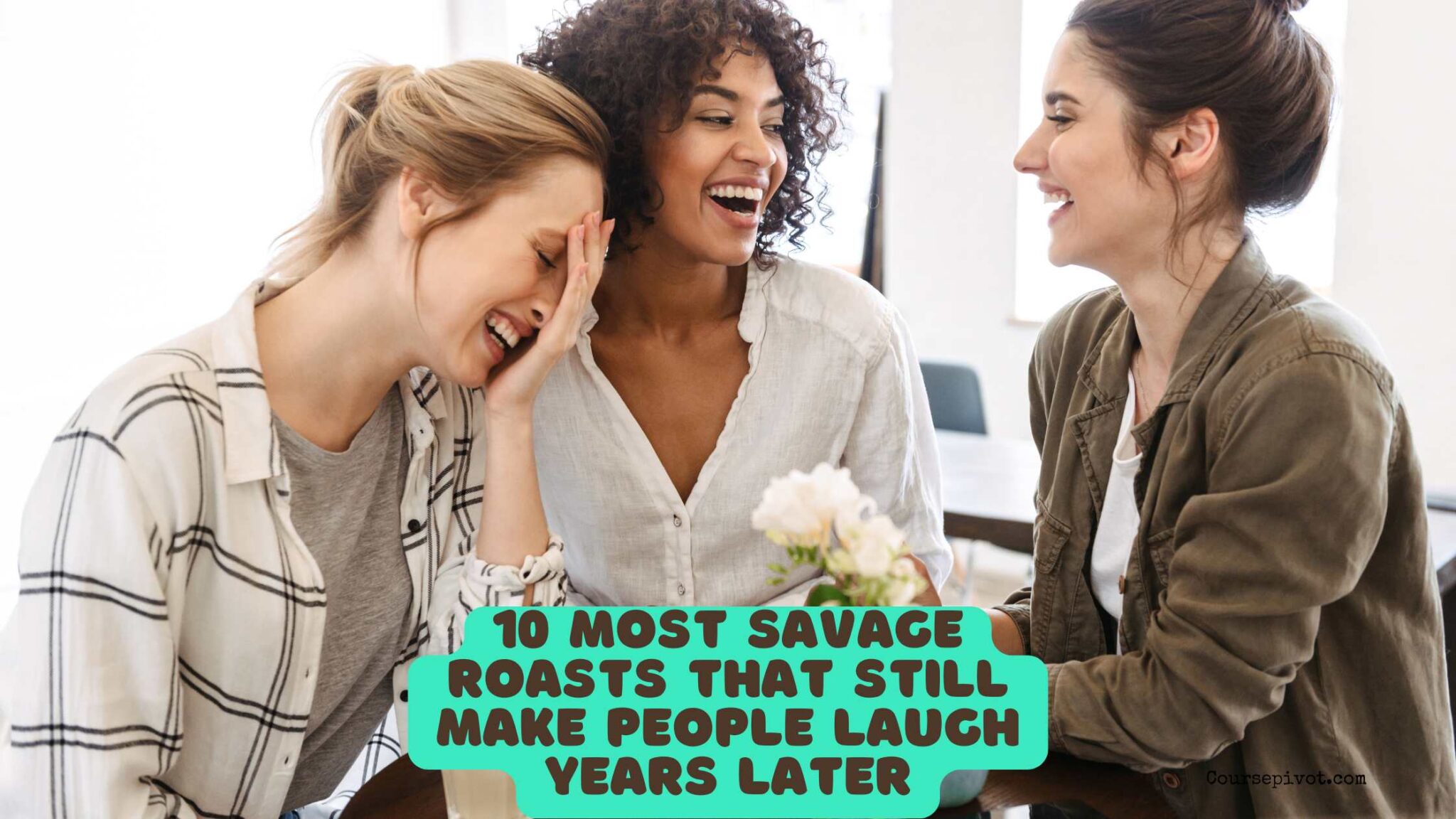 Group of friends laughing together at a roast or comedy event
