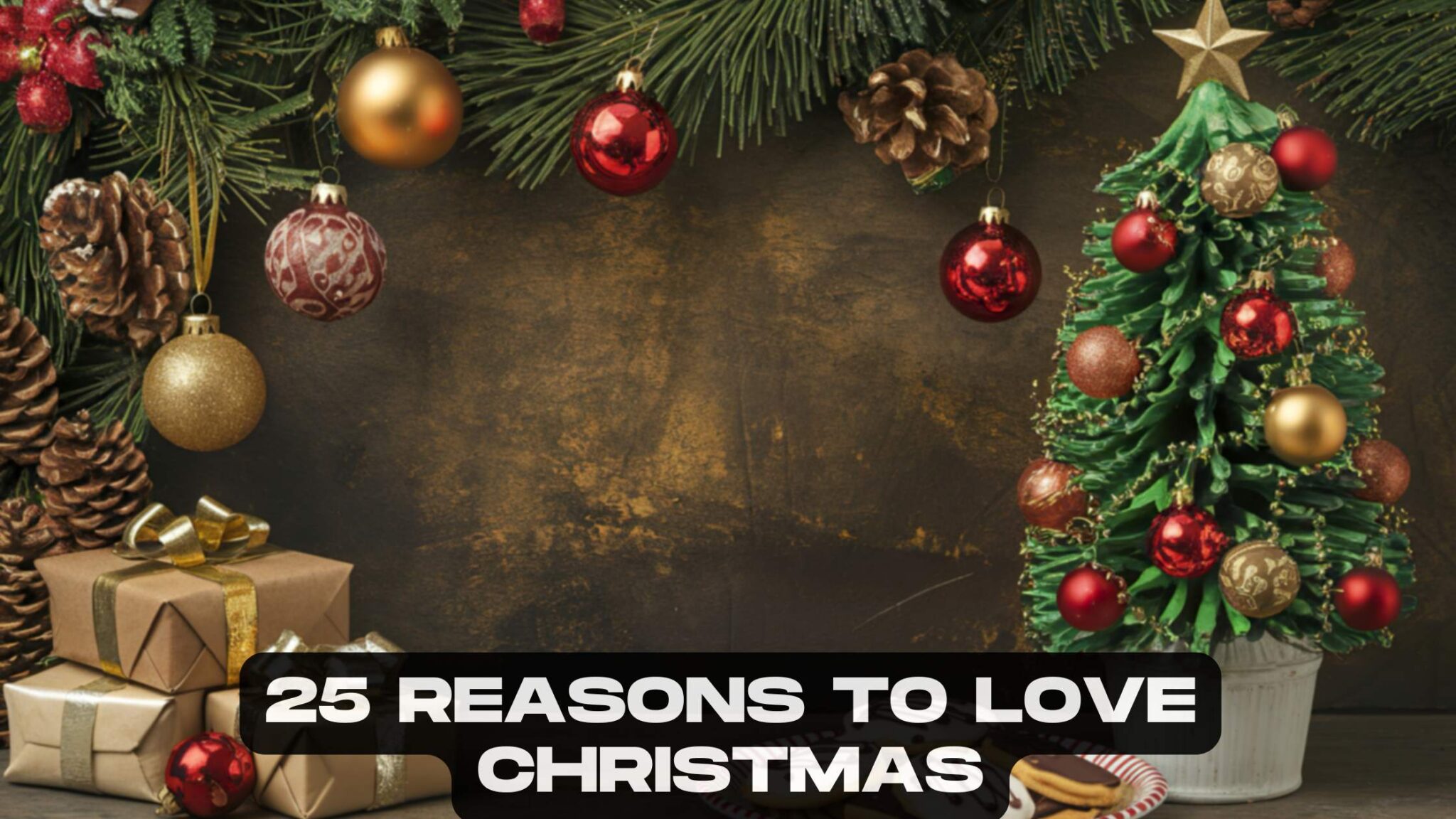 Cozy Christmas scene with lights, decorations, and gifts around a fireplace