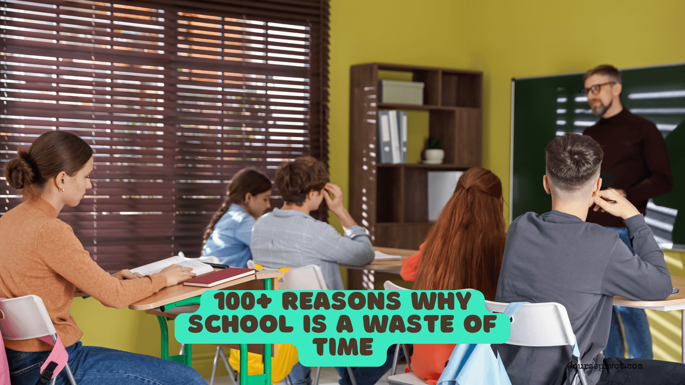 Student questioning whether school is a waste of time while sitting with books and notes