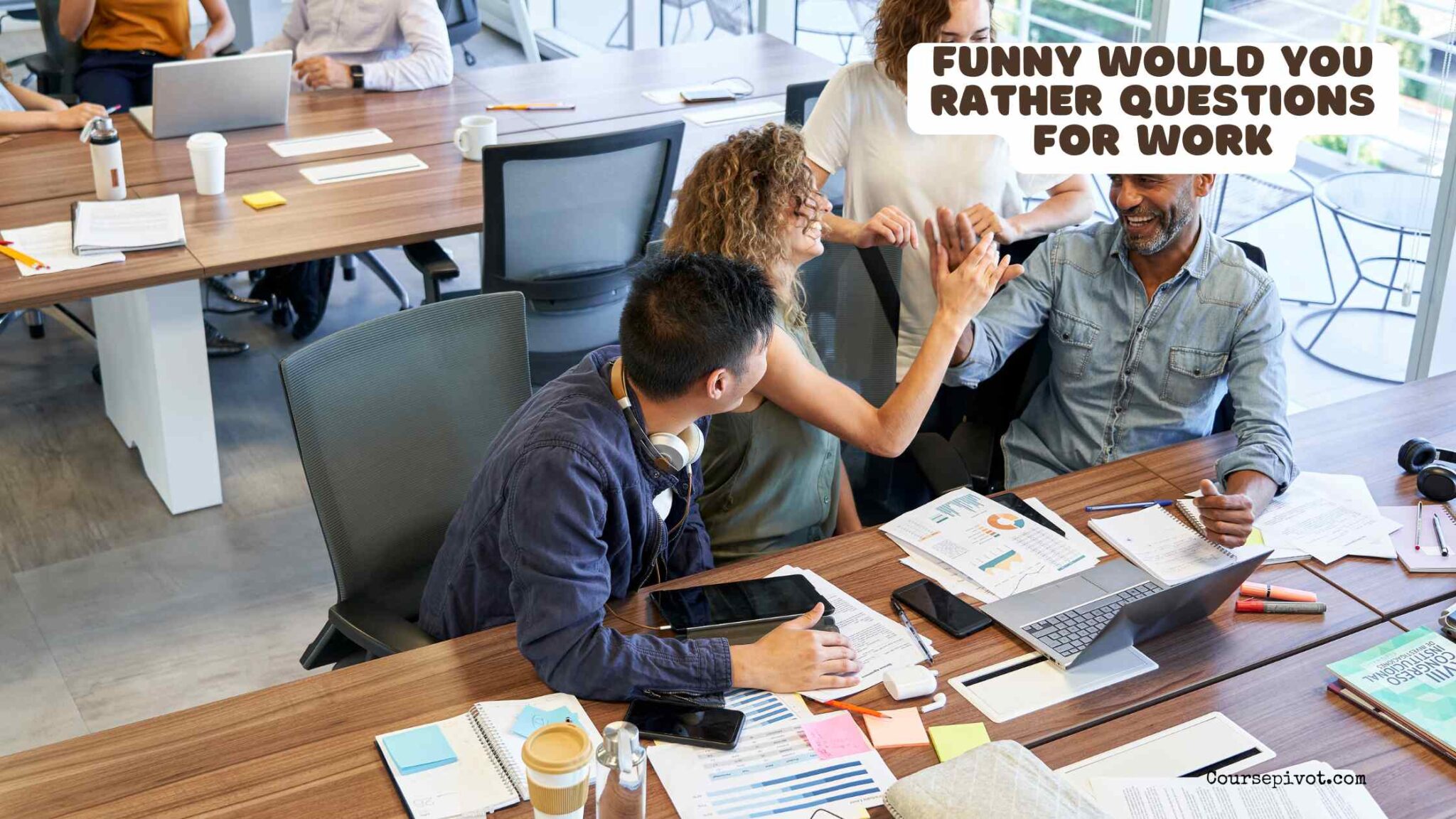 Coworkers laughing together during a light workplace icebreaker conversation