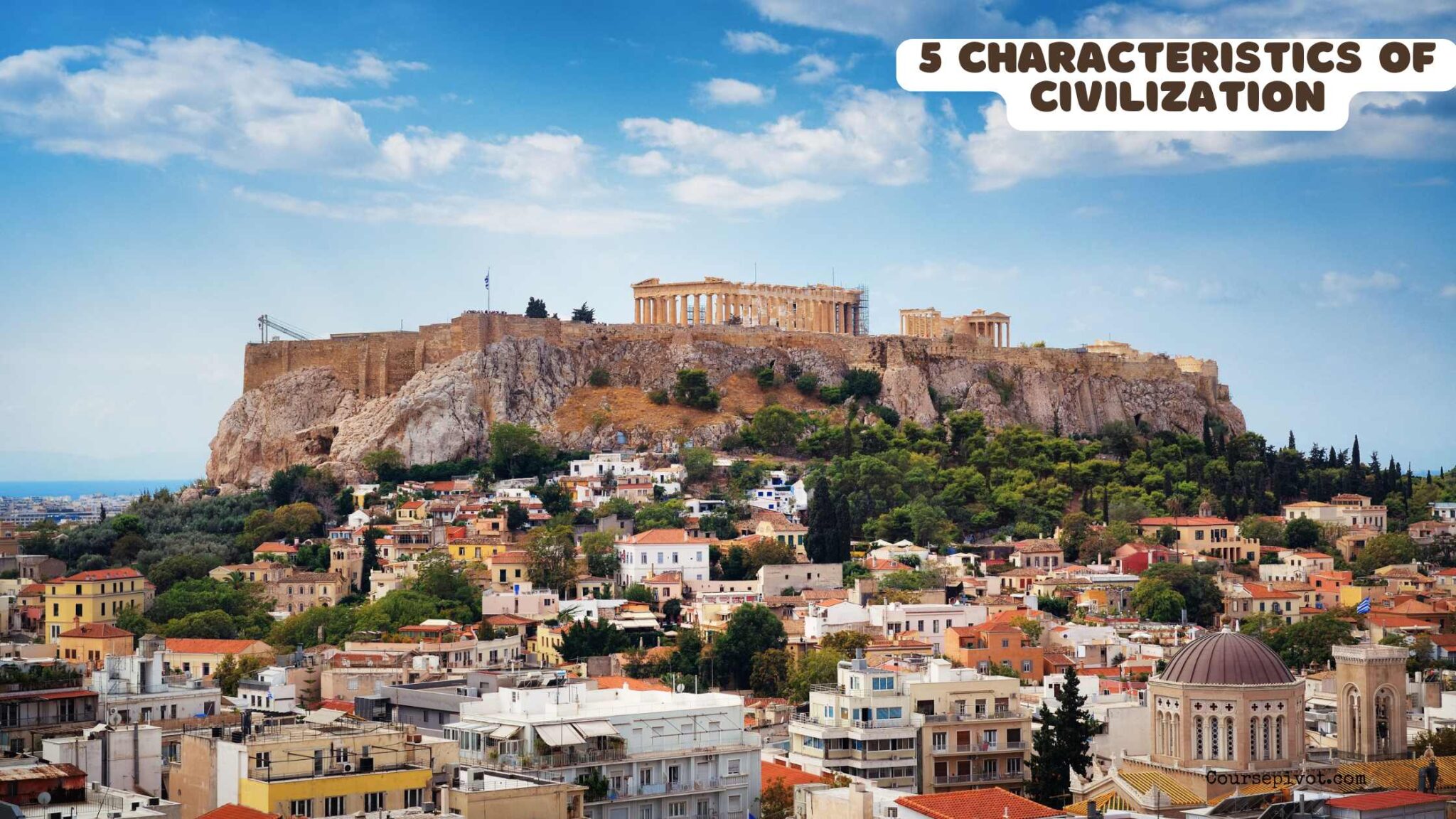 Ancient civilization with buildings, people, and organized society