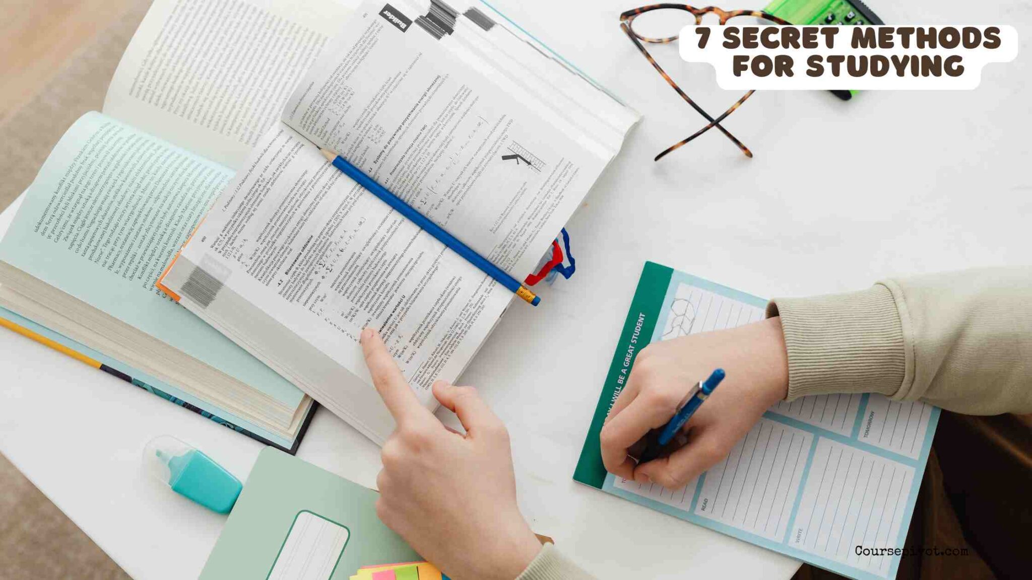 Student using effective study methods with notes and flashcards
