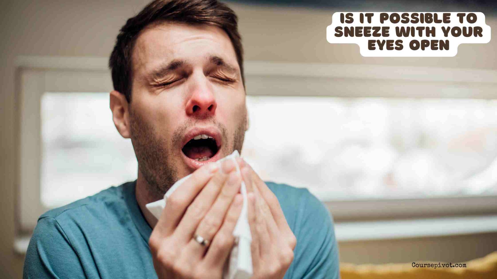 Person about to sneeze while learning why eyes close during sneezing