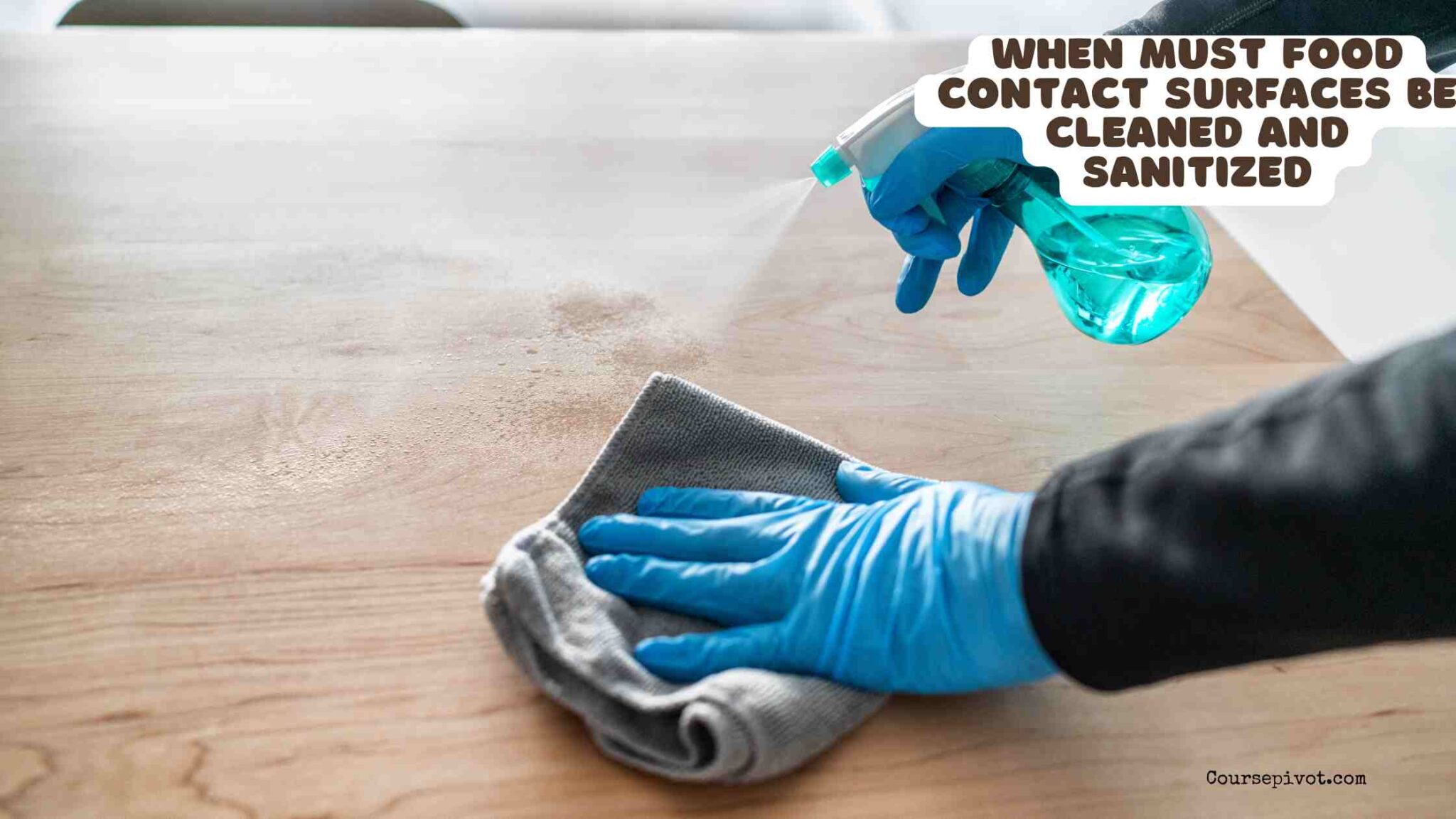 Food worker cleaning and sanitizing a food preparation surface
