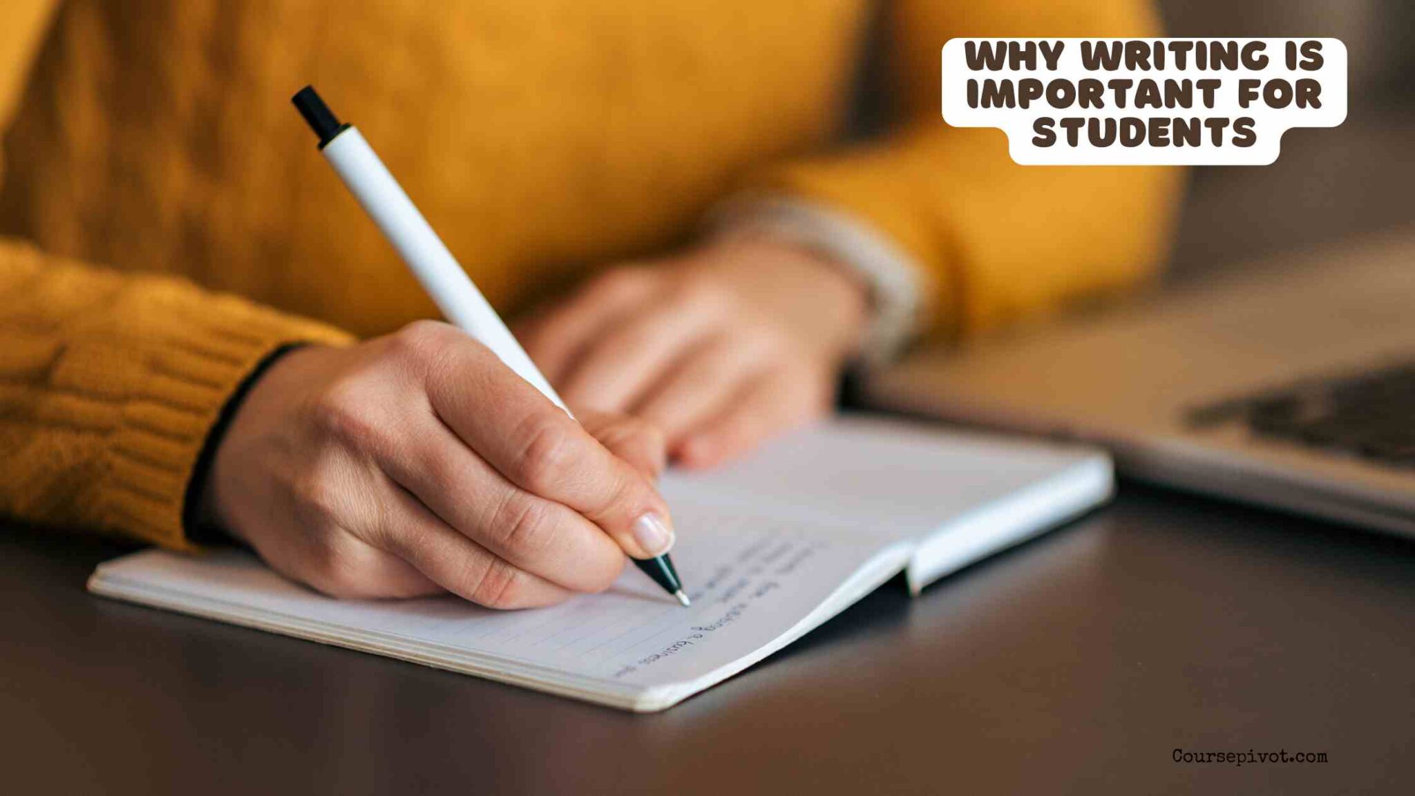 Student writing notes and organizing ideas in a notebook