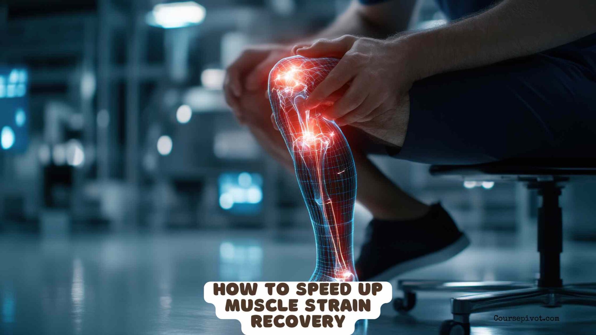 Person holding their strained muscle with a sports recovery background