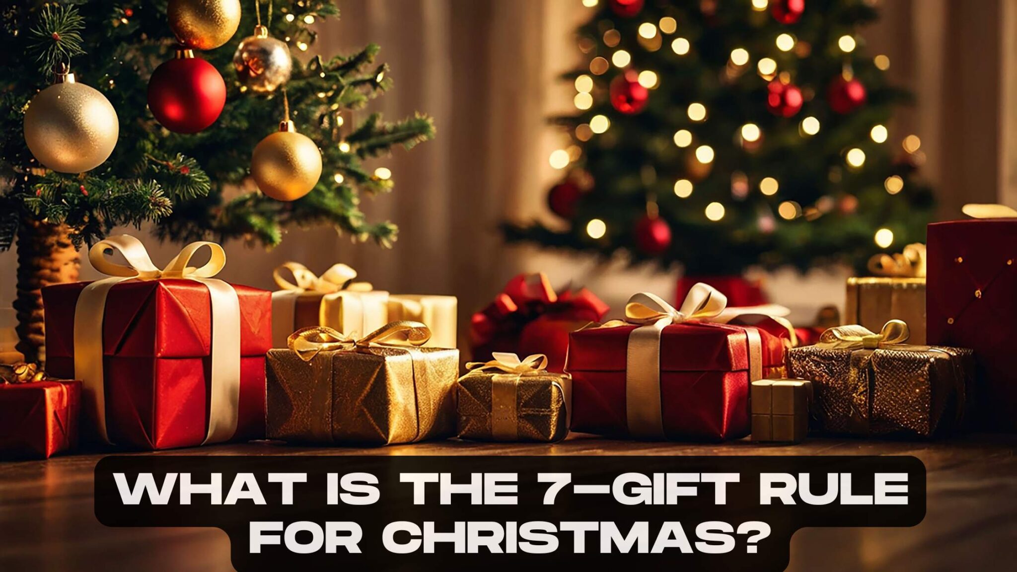 Seven wrapped Christmas gifts arranged under a decorated tree