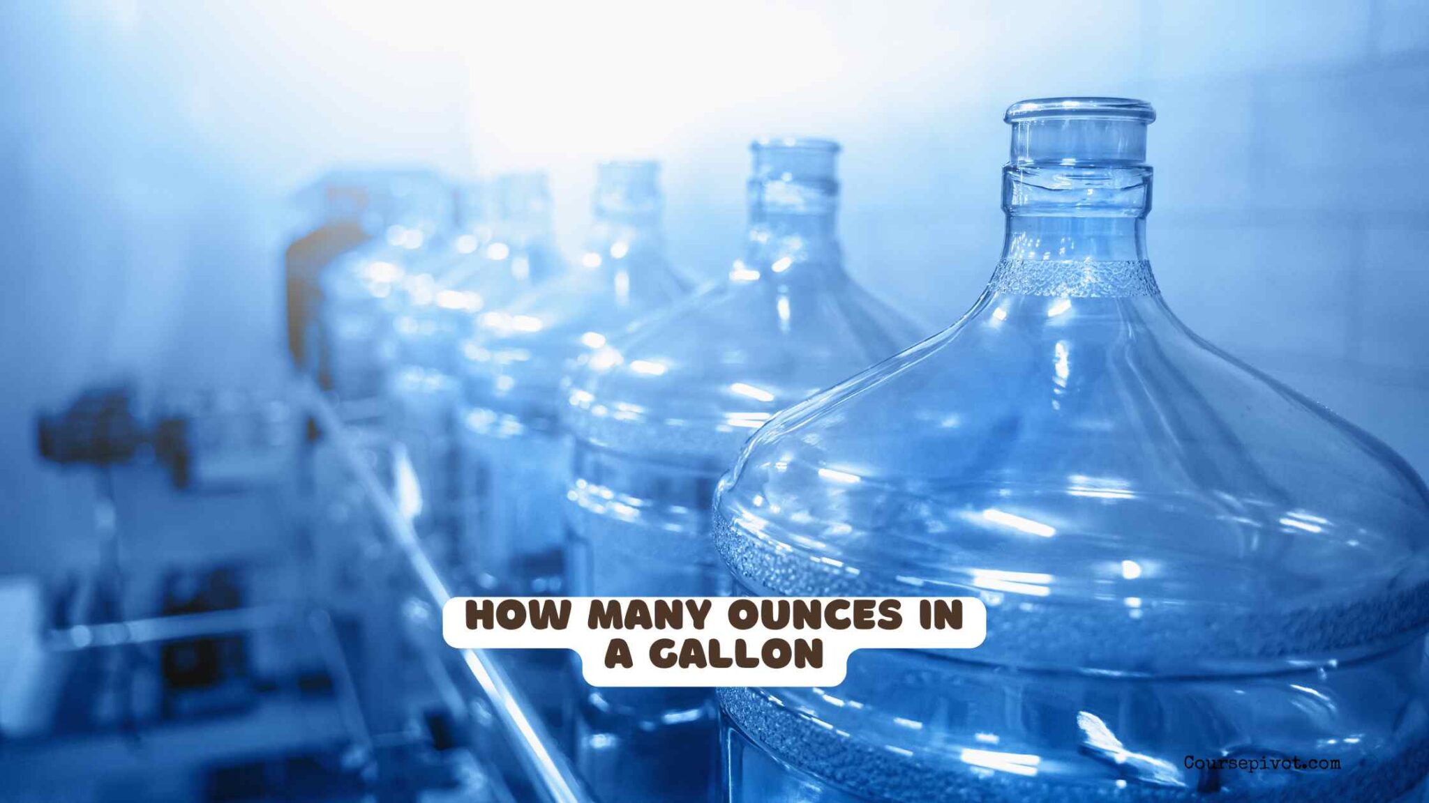Large gallon water jug next to smaller measuring cups and bottles on a kitchen counter