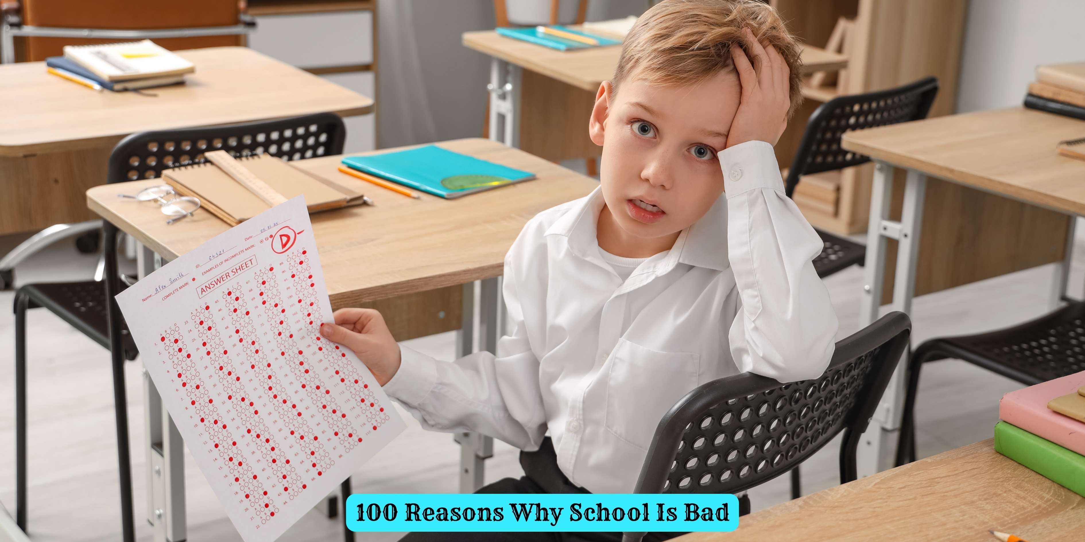 Student sitting at a school desk while thinking about problems with school