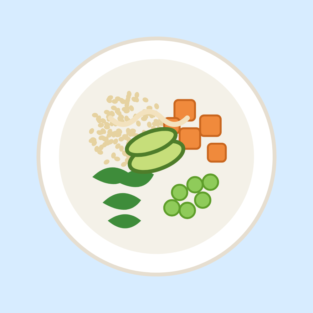 Quinoa bowl with sweet potato, kale, edamame, avocado and tahini