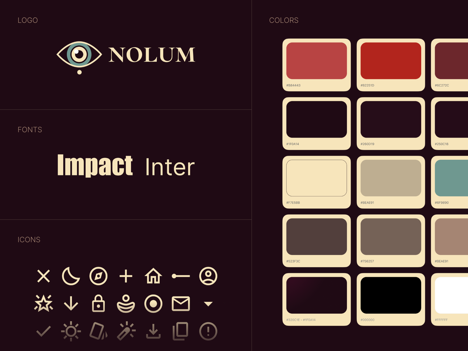 Бренд-борд Nolum: логотип з оком, шрифти Impact та Inter, палітра кольорів і набір іконок.