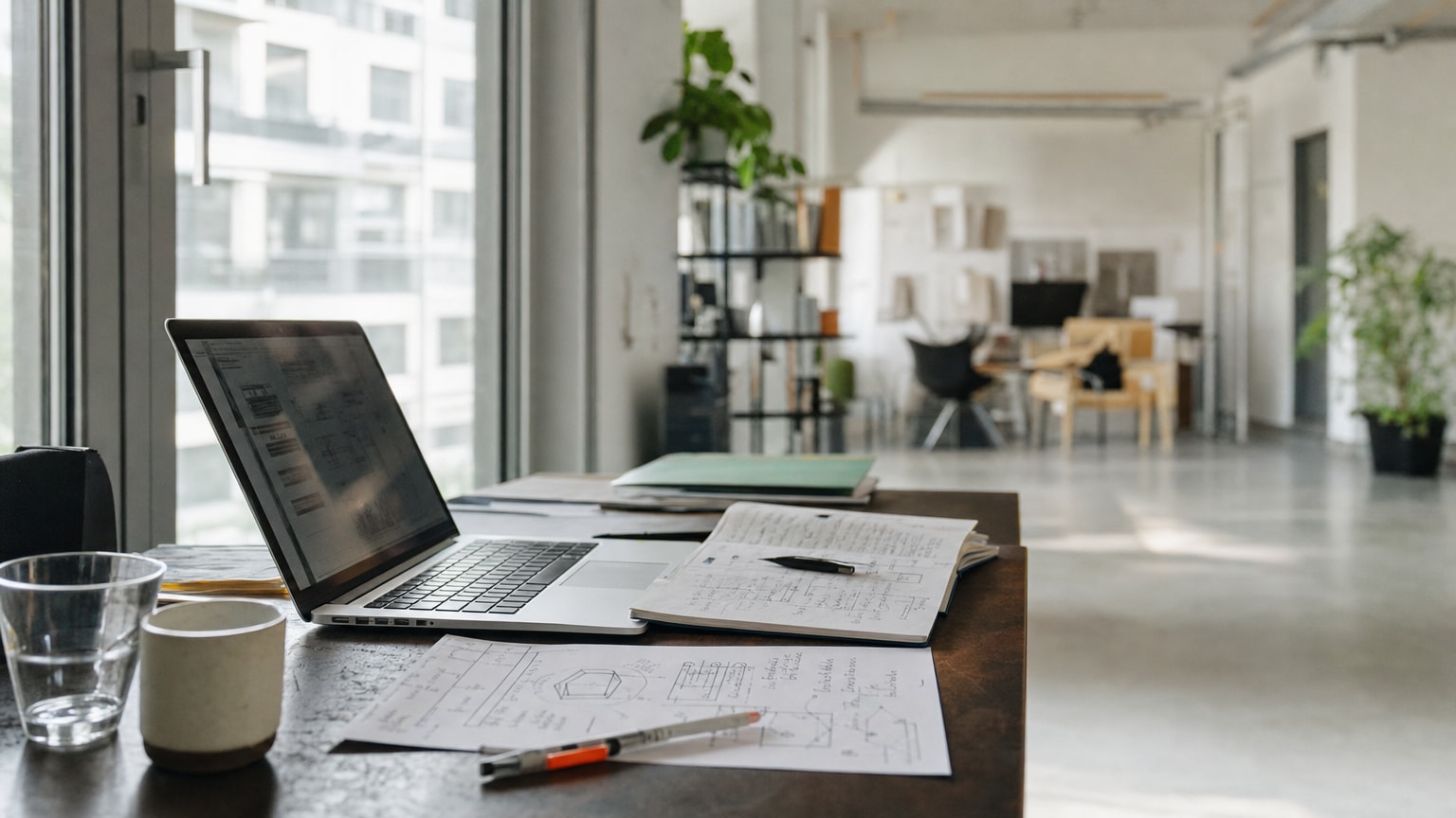 Ein aufgeräumter Schreibtisch mit einem geöffneten Laptop, daneben handgeschriebene Skizzen und kreative Notizen — symbolisch für den Übergang von digitaler Routine zu menschlicher Kreativität in einem modernen KMU-Büro.