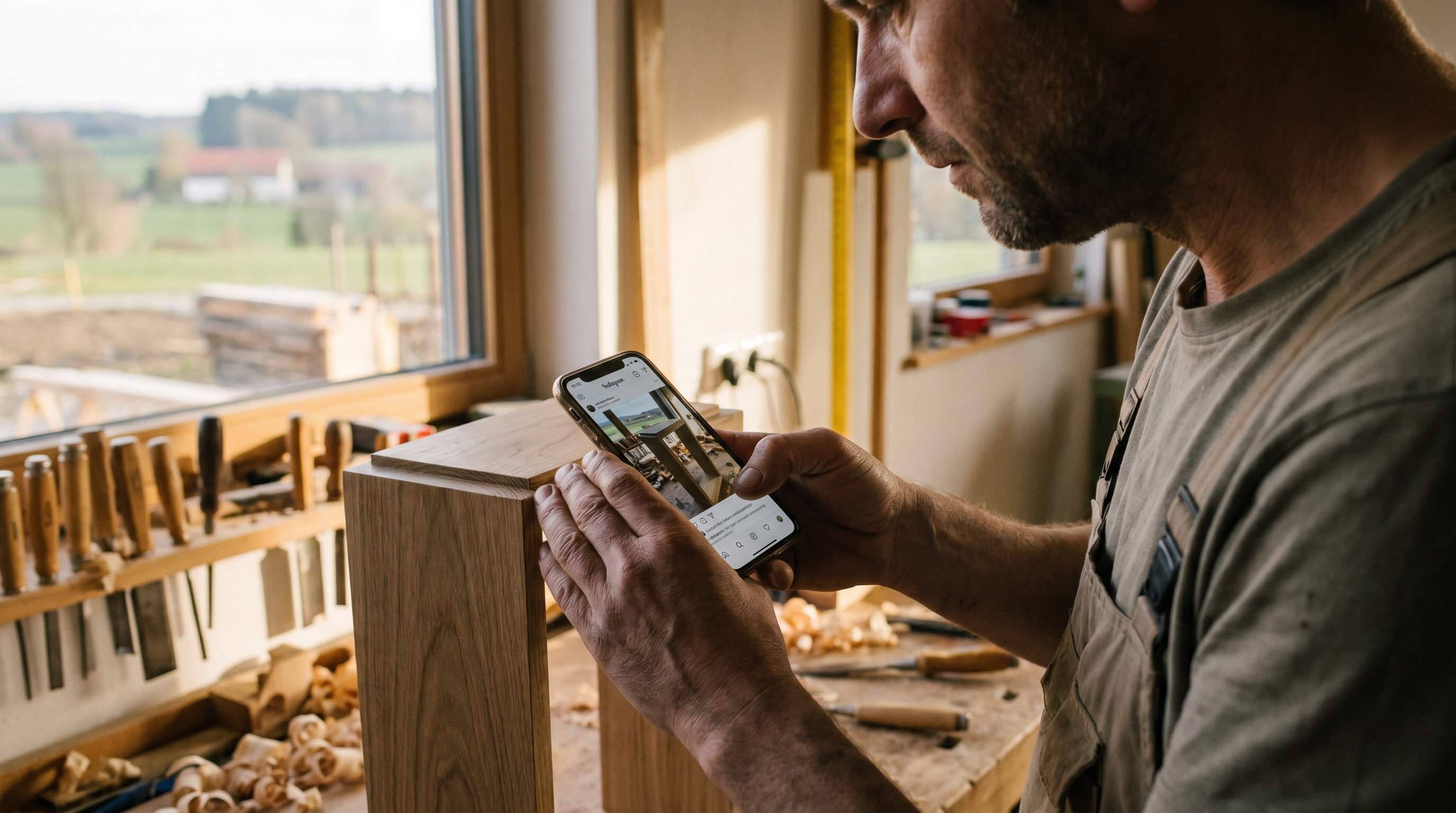 Ein Handwerker in einer modernen Werkstatt fotografiert mit dem Smartphone ein fertiges Werkstück für Instagram, im Hintergrund Werkzeuge und warmes Licht.