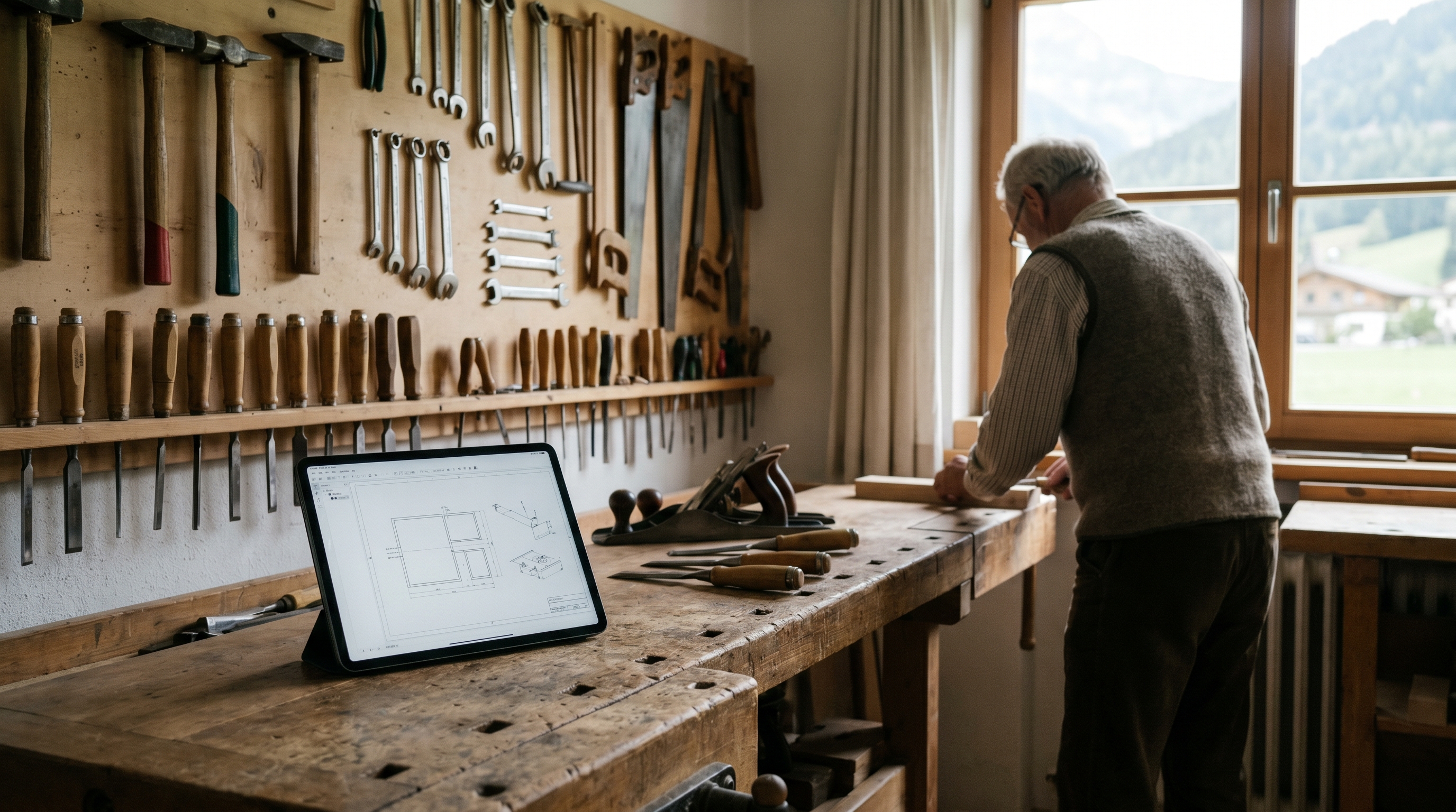 Ein aufgeräumter Handwerksbetrieb mit modernem Tablet auf der Werkbank, im Hintergrund traditionelle Werkzeuge — Symbolbild für die Verbindung von Handwerk und digitaler Technologie.
