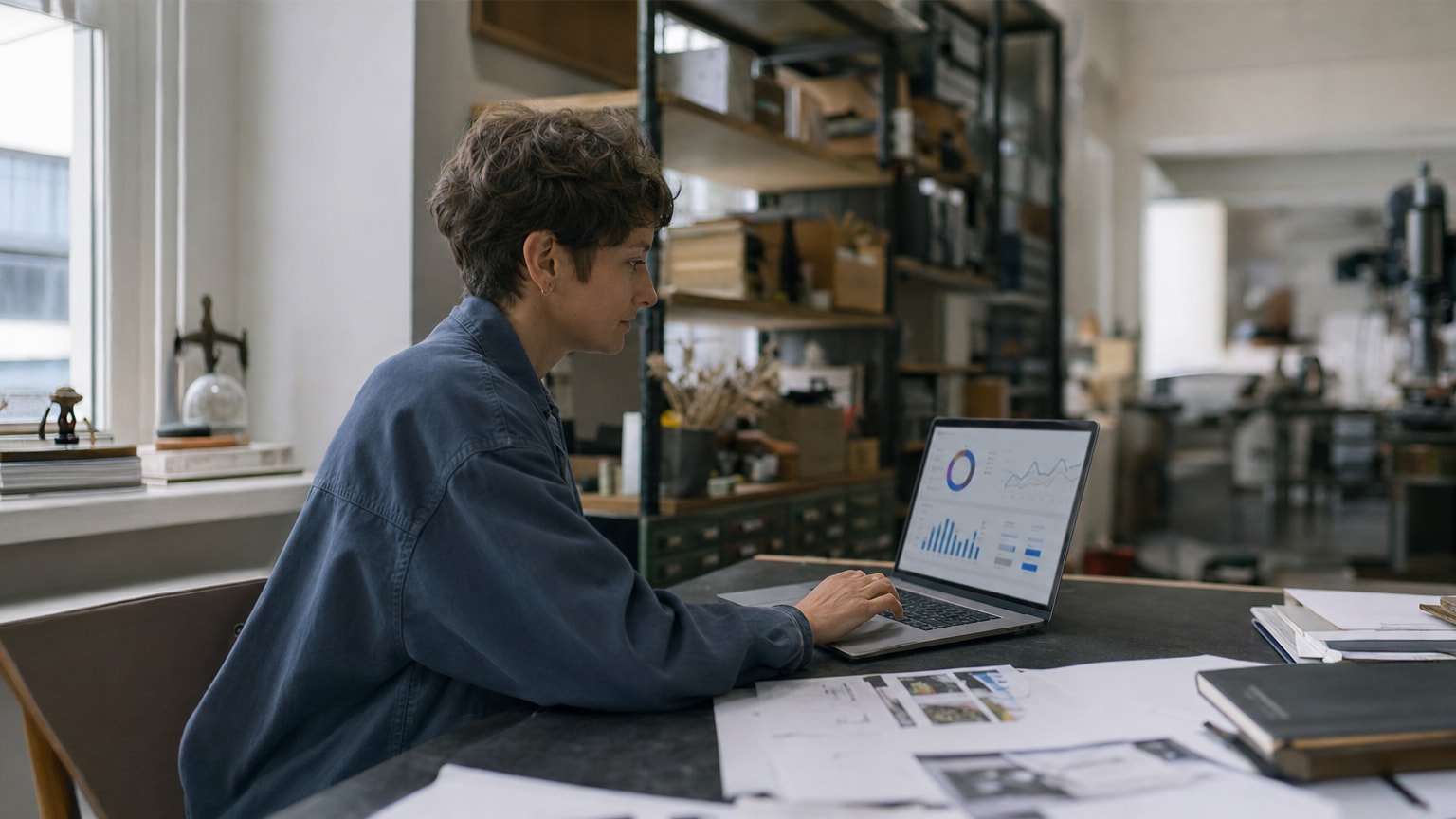 Ein aufgeräumter Schreibtisch in einem kleinen Betrieb, auf dem ein Laptop mit einem Marketing-Dashboard steht. Im Hintergrund eine Werkstatt oder ein Geschäftsraum — symbolisiert die Verbindung von Handwerk/KMU und digitalem Marketing.