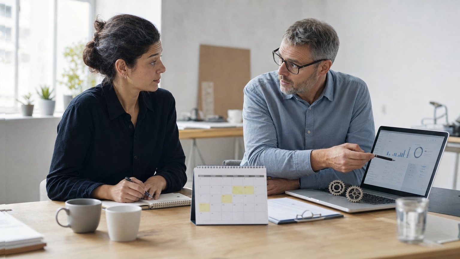 Ein aufgeräumter Schreibtisch mit einem Kalender, auf dem vier Wochen markiert sind, daneben ein Laptop mit einem Dashboard und Zahnrad-Symbolen — symbolisch für strukturierte KI-Einführung in einem kleinen Betrieb.