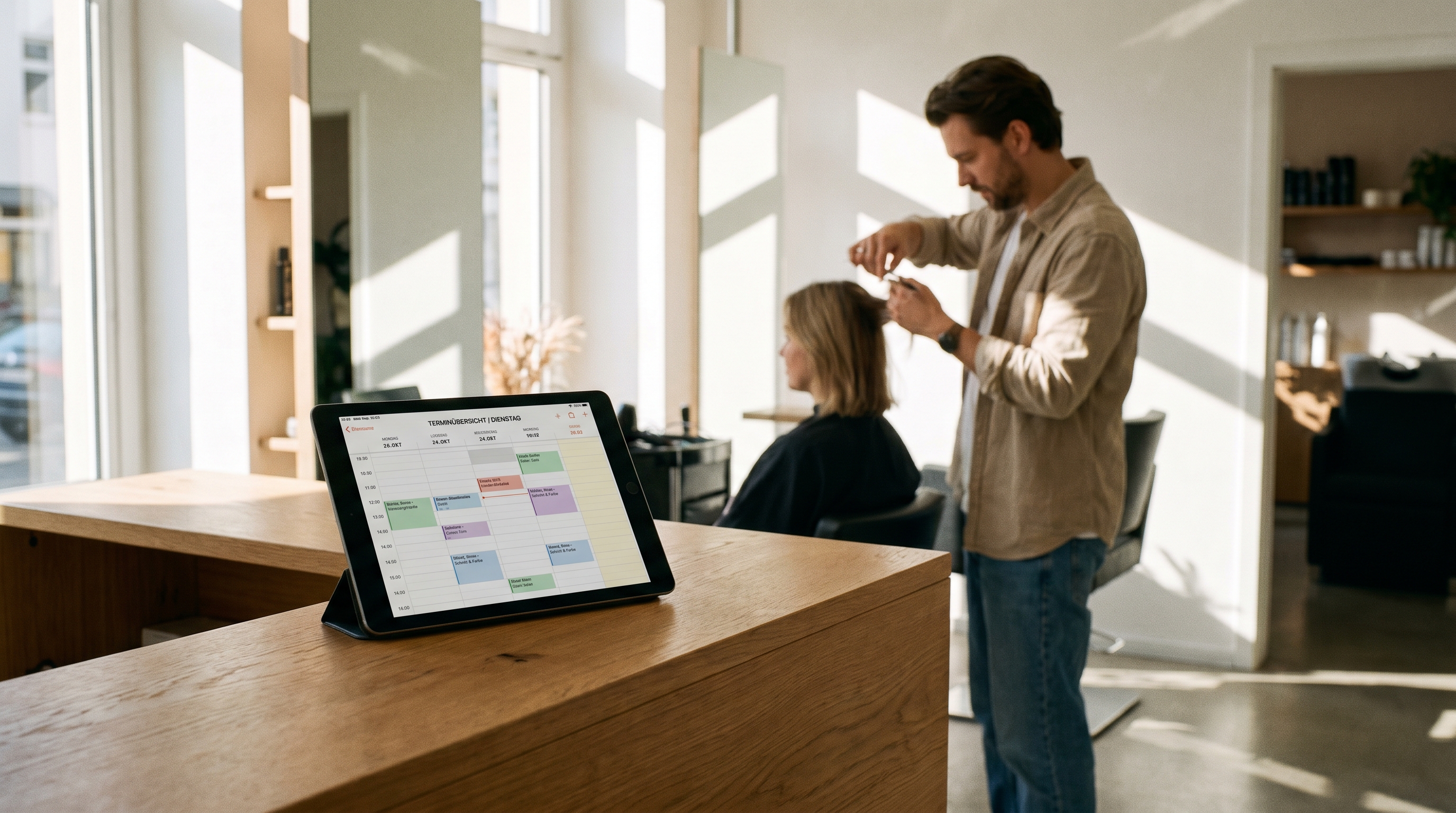 Ein moderner, heller Friseursalon mit einem Empfangstresen, auf dem ein Tablet mit einer digitalen Terminübersicht steht. Im Hintergrund arbeitet ein Friseur entspannt an einer Kundin, während kein Telefon klingelt. Warme, professionelle Atmosphäre.