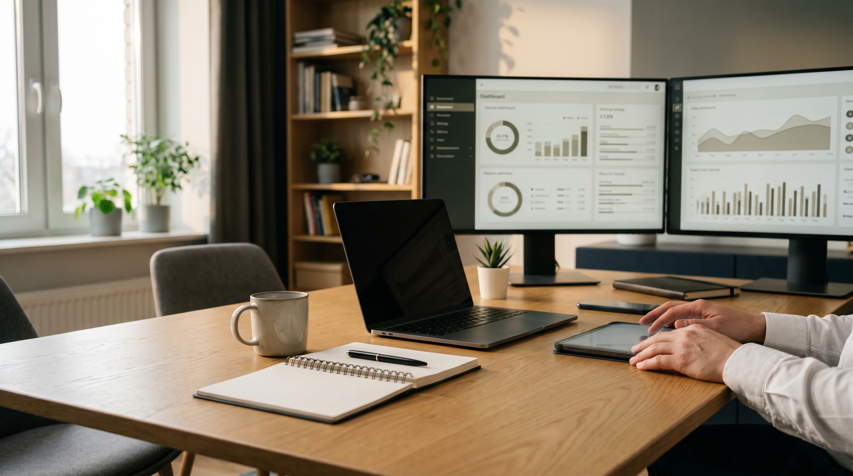 Ein moderner, aufgeräumter Schreibtisch eines CEOs mit mehreren dezenten digitalen Interfaces und KI-Dashboards, die im Hintergrund auf Screens leuchten. Warmes Licht, professionelle Atmosphäre, keine Roboter-Klischees.
