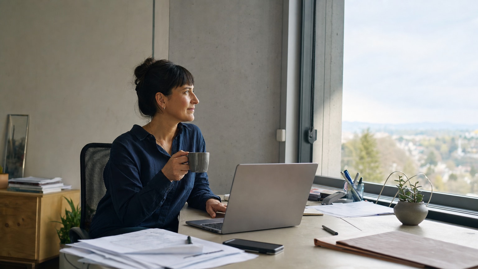 Ein aufgeräumter Schreibtisch mit Laptop, auf dem ein fertig generiertes Angebot zu sehen ist — daneben eine Kaffeetasse und ein entspannter Blick aus dem Fenster, symbolisch für gewonnene Zeit und Entlastung.