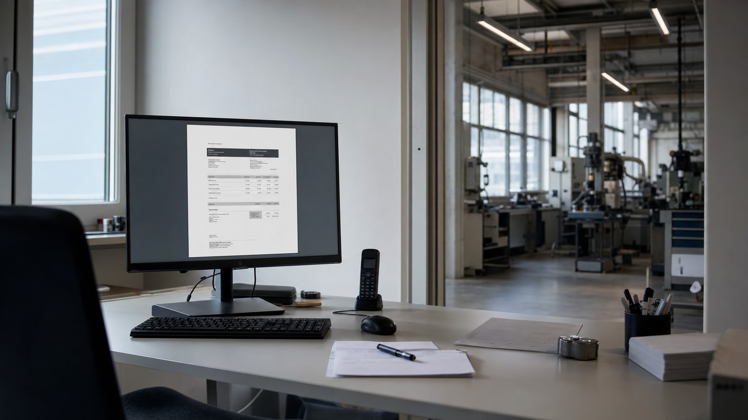 Ein aufgeräumter Schreibtisch in einem modernen KMU-Büro, auf dem ein Bildschirm ein automatisch generiertes Angebot zeigt. Im Hintergrund eine Werkstatt oder ein Handwerksbetrieb, der die Verbindung zwischen operativer Arbeit und digitalem Prozess symbolisiert.