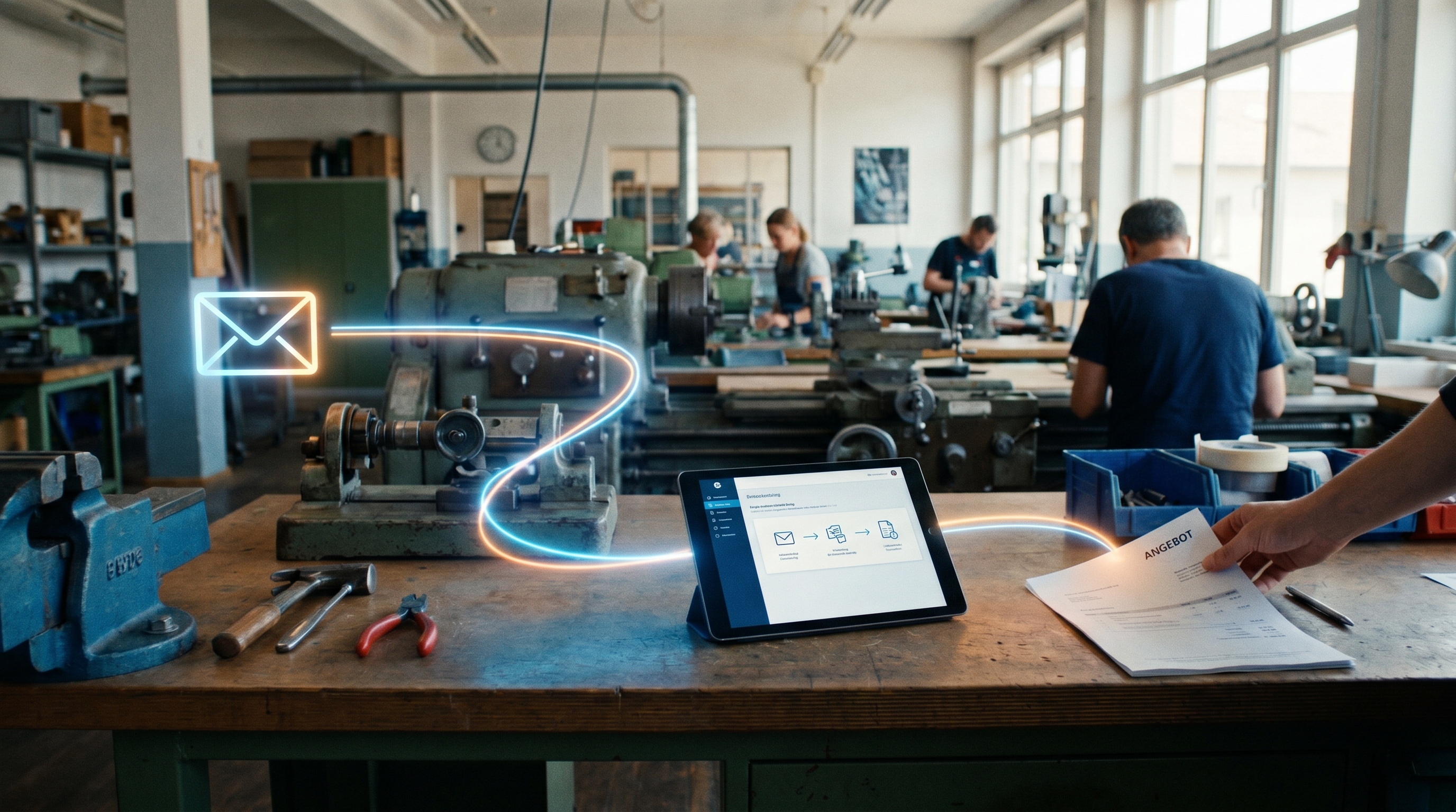 Eine stilisierte Darstellung eines digitalen Workflows: Von einem eingehenden Briefumschlag-Symbol über verschiedene Verarbeitungsschritte bis hin zu einem fertigen Angebotsdokument – verbunden durch eine fließende, leuchtende Linie, die den automatisierten Prozess symbolisiert. Warme, professionelle Farbpalette mit Blau- und Orangetönen.