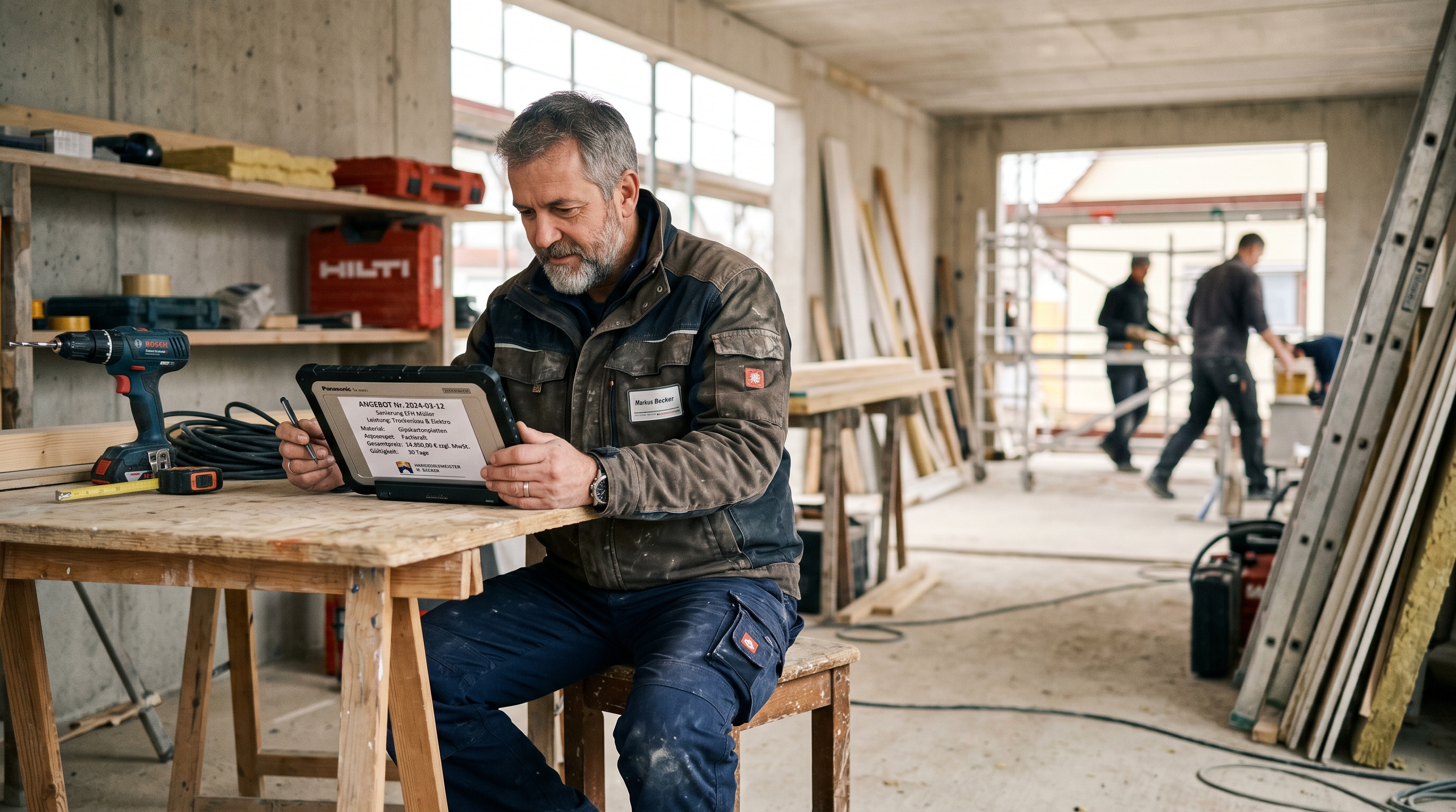 Ein Handwerker sitzt an einem Tablet auf einer Baustelle, auf dem Bildschirm ist ein strukturiertes Angebot zu sehen – moderne, helle Szene mit Werkzeug im Hintergrund.