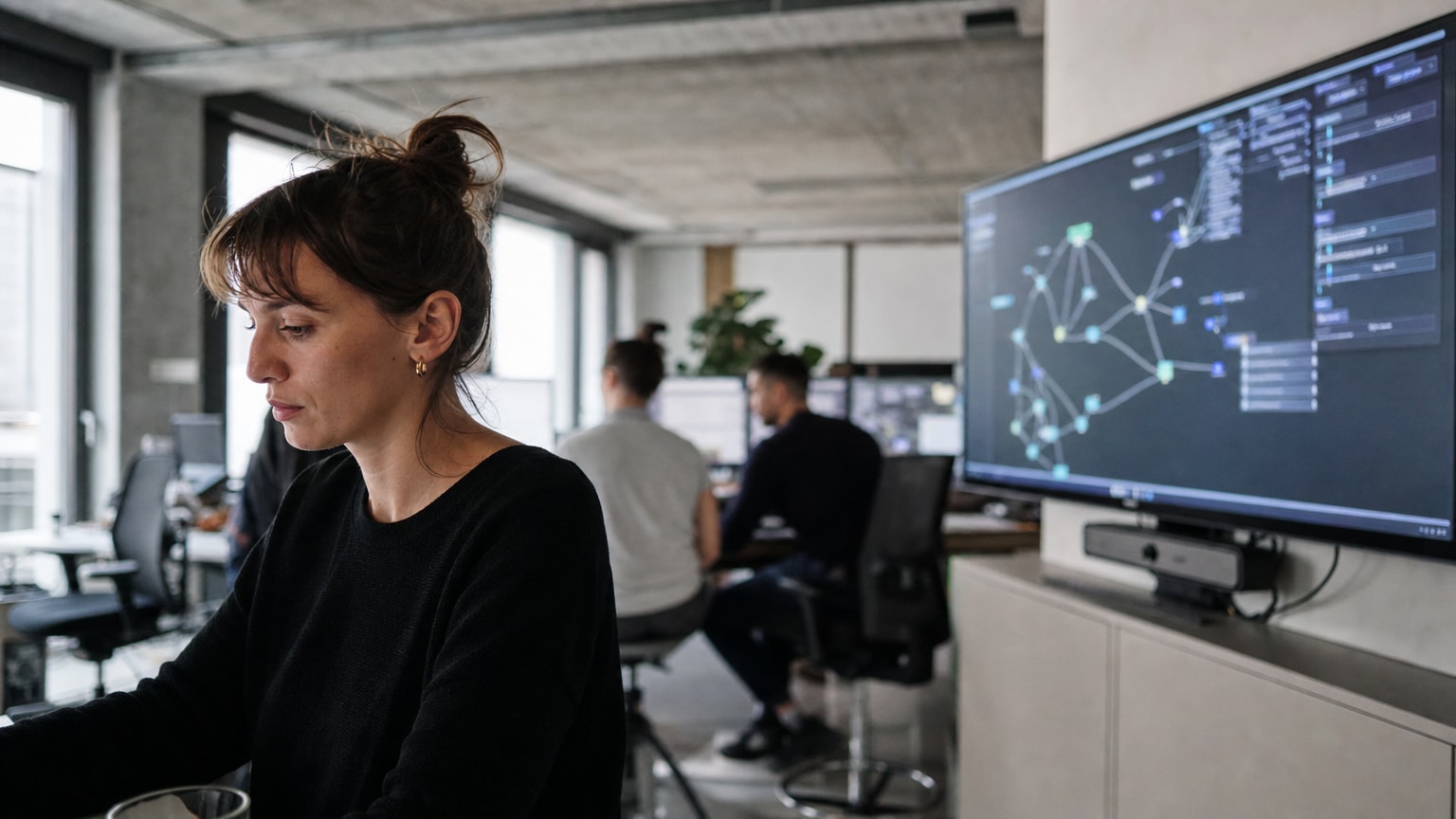 Modernes Büro mit großem Bildschirm, auf dem vernetzte Datenflüsse und KI-Workflows visualisiert werden – im Hintergrund ein Team bei der Arbeit an einem digitalen Projekt für ein mittelständisches Unternehmen.