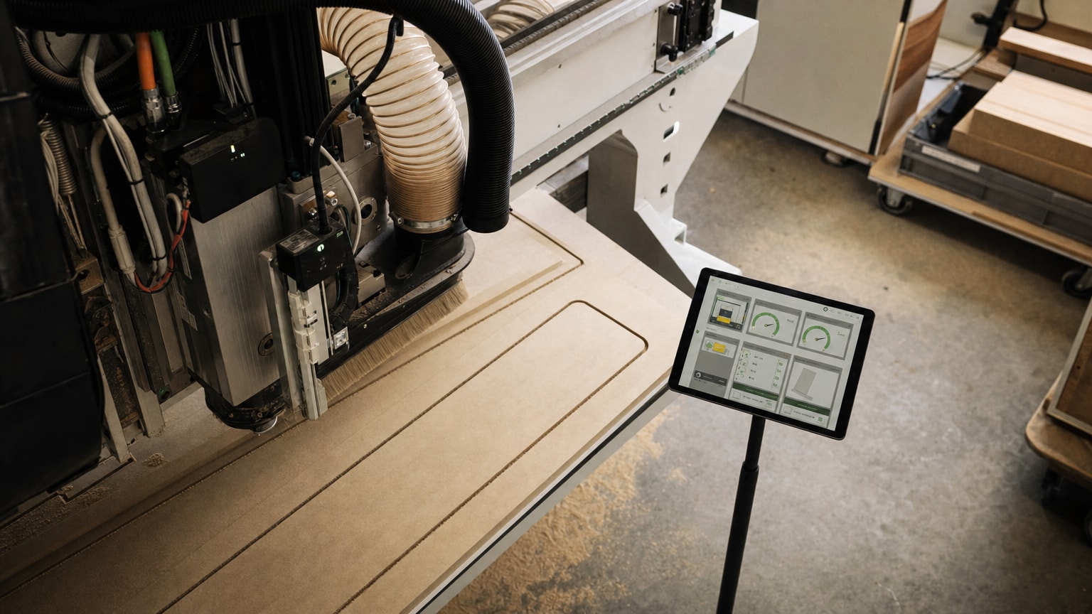 Eine CNC-Fräsmaschine in einer Tischlerei-Werkstatt, an der kleine Sensoren angebracht sind. Auf einem Tablet daneben zeigt ein Dashboard den Zustand der Maschine in Echtzeit an — grüne und gelbe Statusanzeigen. Warme Werkstatt-Atmosphäre, modernes Technologie-Element integriert in handwerkliche Umgebung.