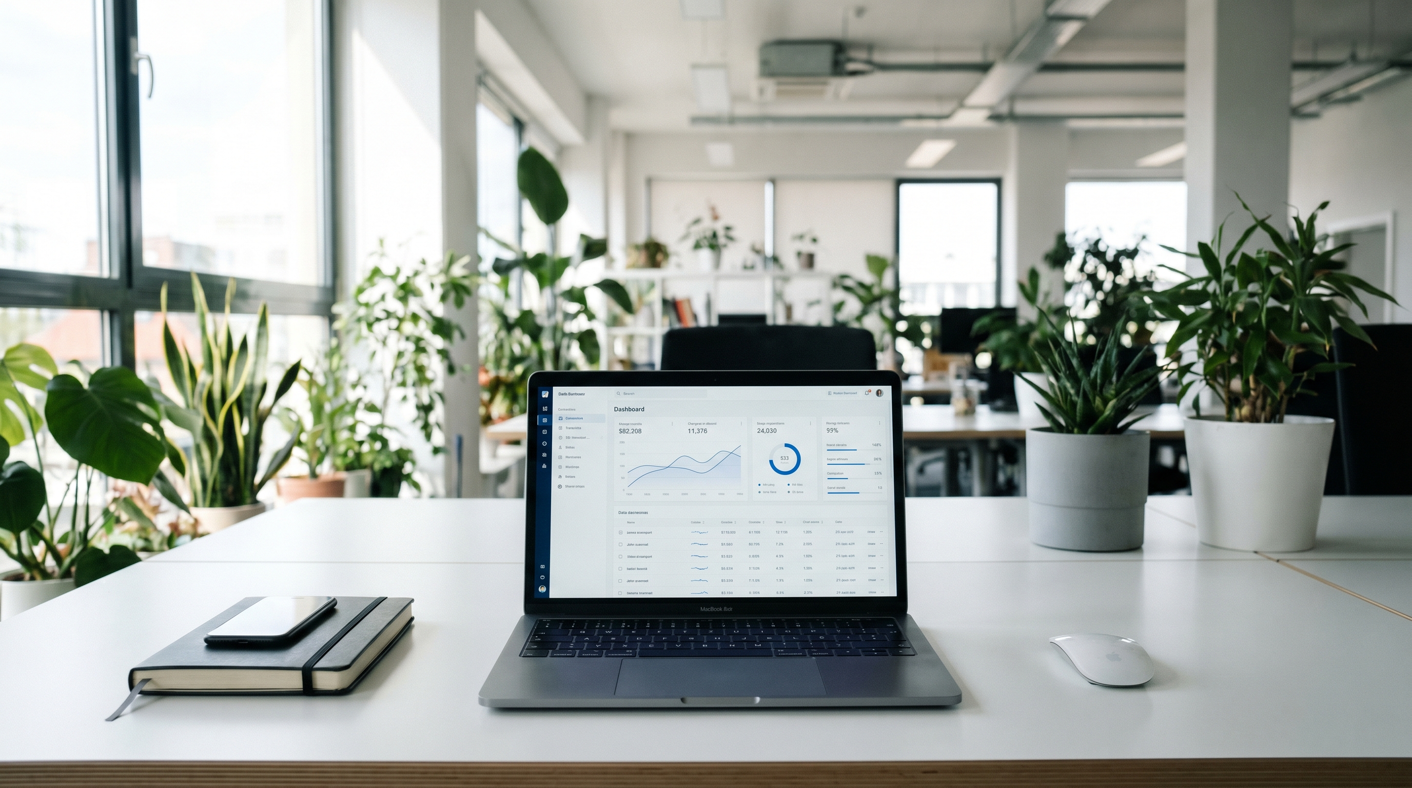 Aufgeräumter, moderner Schreibtisch mit Laptop, auf dem ein übersichtliches Dashboard leuchtet. Im Hintergrund ein helles Büro mit Pflanzen — Symbolbild für Ordnung, Klarheit und digitale Struktur im Arbeitsalltag.