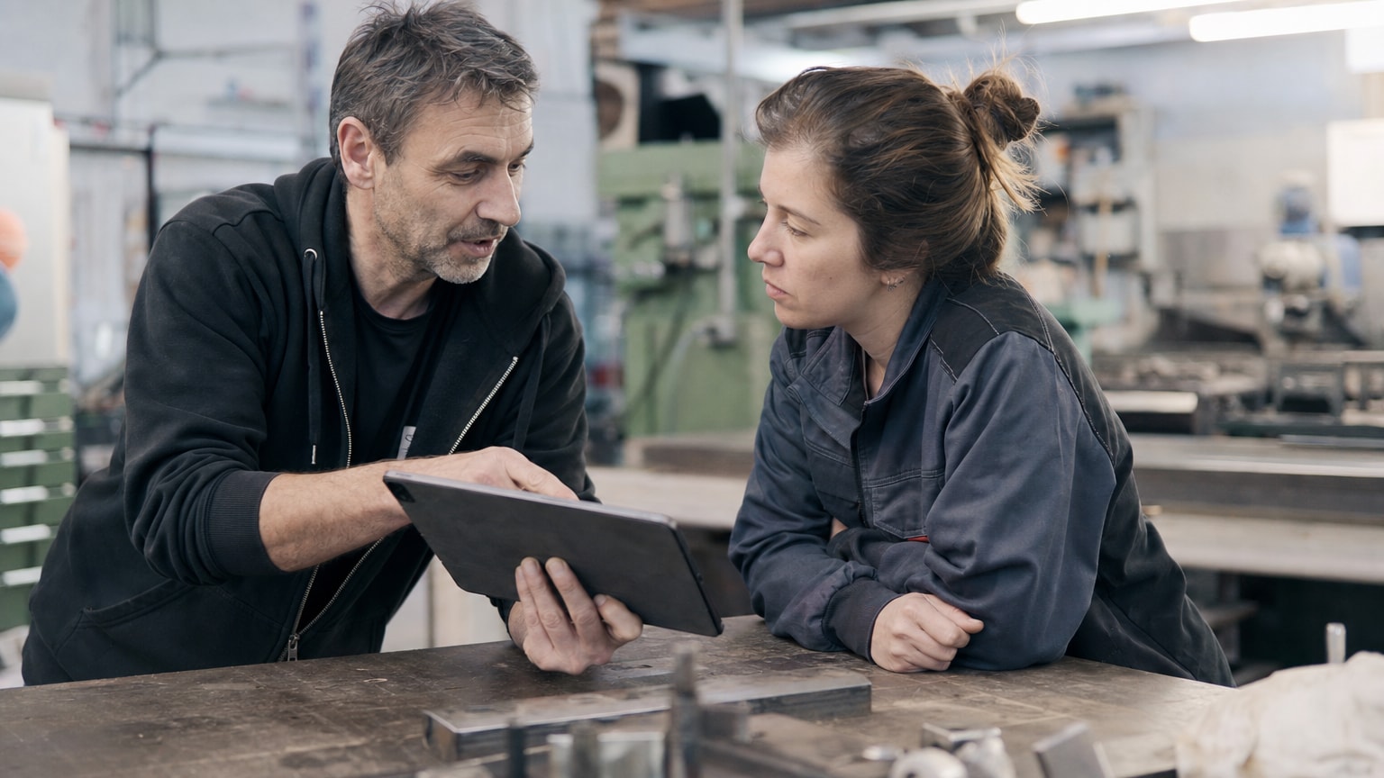 Ein aufgeräumter Werkstatt-Schreibtisch mit einem Tablet, auf dem eine digitale Auftragsliste zu sehen ist. Im Hintergrund typische Handwerksumgebung (Werkzeuge, Werkbank). Warmes, natürliches Licht. Kontrast zwischen analoger Handwerksarbeit und digitalem Werkzeug.