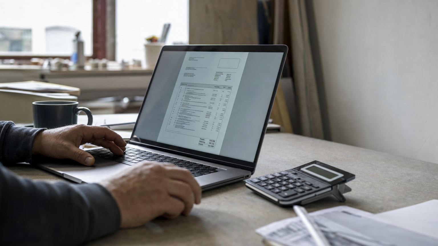 Ein aufgeräumter Schreibtisch in einem Handwerksbetrieb mit Laptop, auf dem ein übersichtliches Angebotsdokument zu sehen ist, daneben ein Taschenrechner und eine Kaffeetasse – sachlich, modern, österreichisch.
