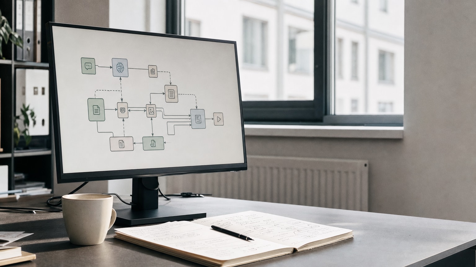 Modernes, helles Büro mit einem Bildschirm, auf dem ein KI-gestützter Content-Workflow als Flussdiagramm zu sehen ist. Daneben eine Kaffeetasse und handschriftliche Notizen — Atmosphäre von Produktivität und Klarheit.