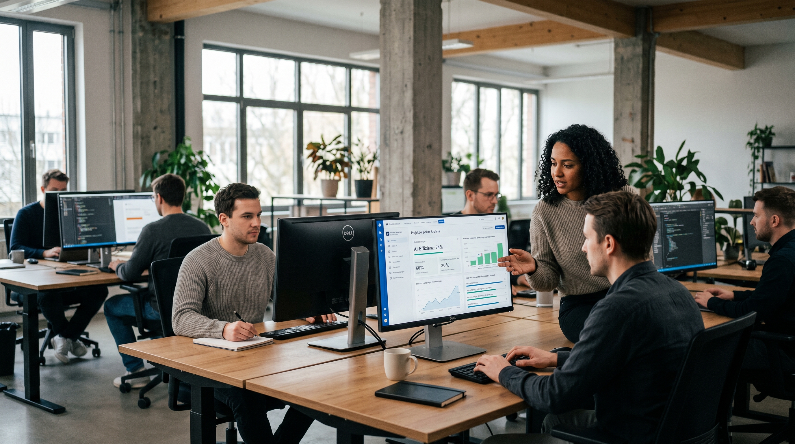 Modernes Büro einer B2B-Agentur mit Bildschirmen, auf denen KI-gestützte Workflows und Dashboards zu sehen sind, Team arbeitet konzentriert an kreativen Aufgaben