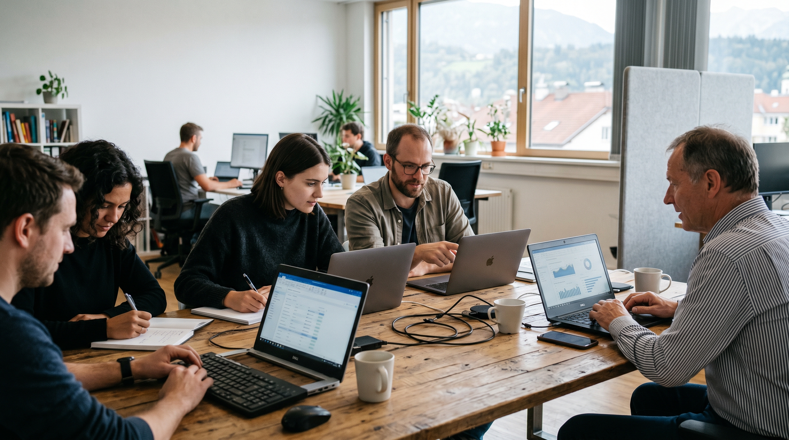 Ein diverses Team in einem modernen österreichischen Büro arbeitet gemeinsam an einem Tisch, auf dem Laptops und Bildschirme mit Datenvisualisierungen stehen. Die Stimmung ist konzentriert, aber gelöst – Technologie als selbstverständlicher Teil des Arbeitsalltags, nicht als Bedrohung.