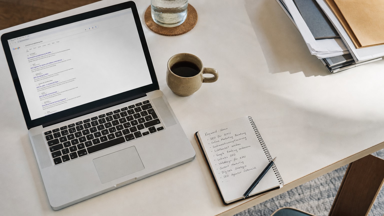Ein aufgeräumter Schreibtisch in einem kleinen Büro mit Laptop, darauf eine Google-Suchergebnisseite sichtbar. Daneben eine Kaffeetasse und ein Notizbuch mit handgeschriebenen Keyword-Ideen. Warmes Licht, professionelle Atmosphäre.