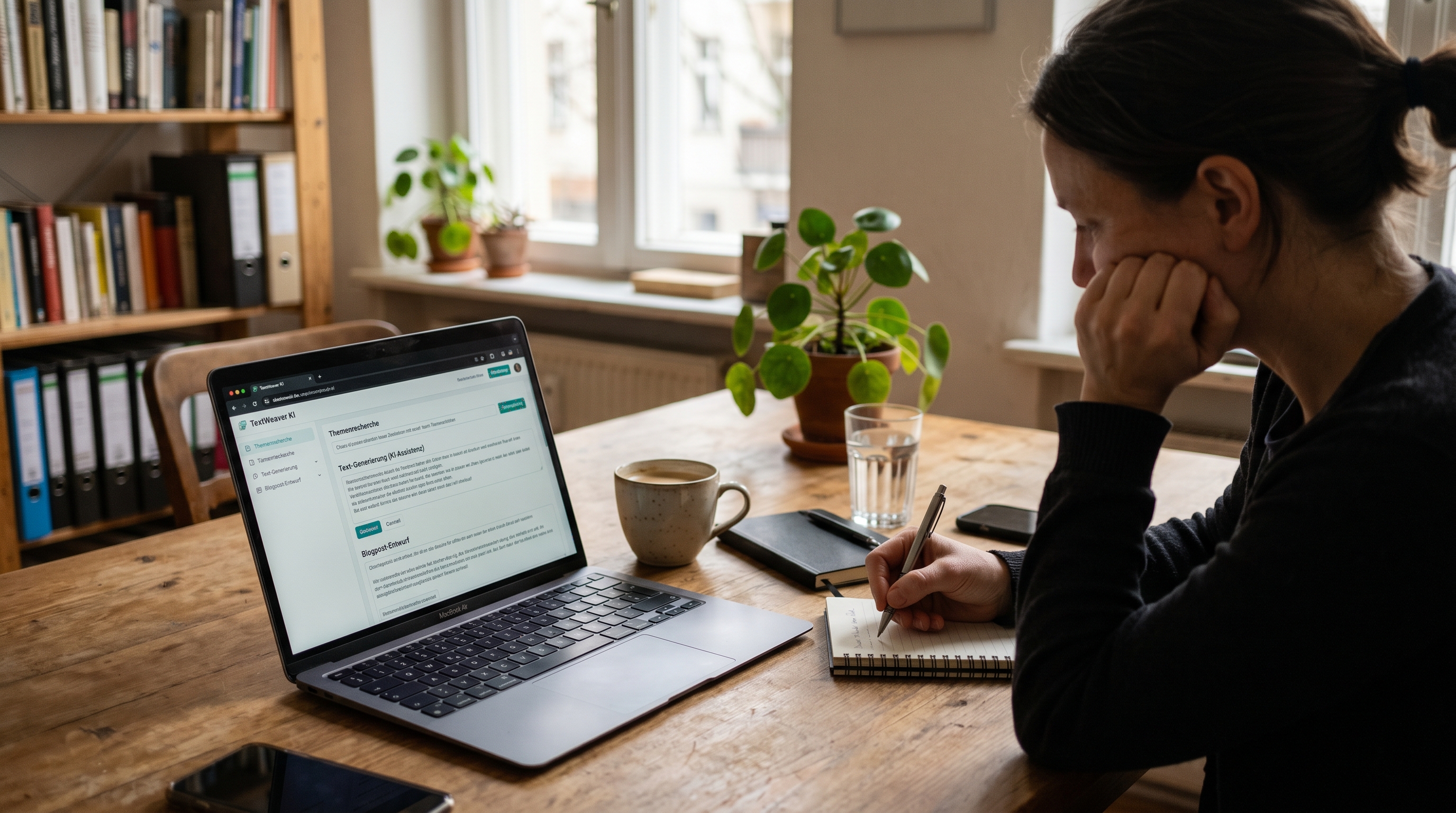 Ein aufgeräumter Schreibtisch eines Soloselbstständigen mit Laptop, auf dem ein KI-gestütztes Content-Tool geöffnet ist. Warmes Licht, minimalistisch, professionell — keine futuristischen Elemente, sondern realistischer Arbeitsalltag.