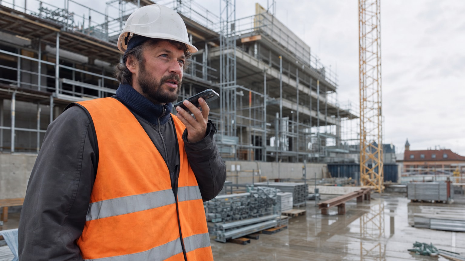 Ein Bauleiter oder Polier mit Helm und Warnweste steht auf einer Baustelle und diktiert in sein Smartphone. Im Hintergrund ist eine moderne Baustellenszene mit Gerüsten oder einem Kran zu sehen. Die Stimmung ist professionell und zukunftsorientiert.