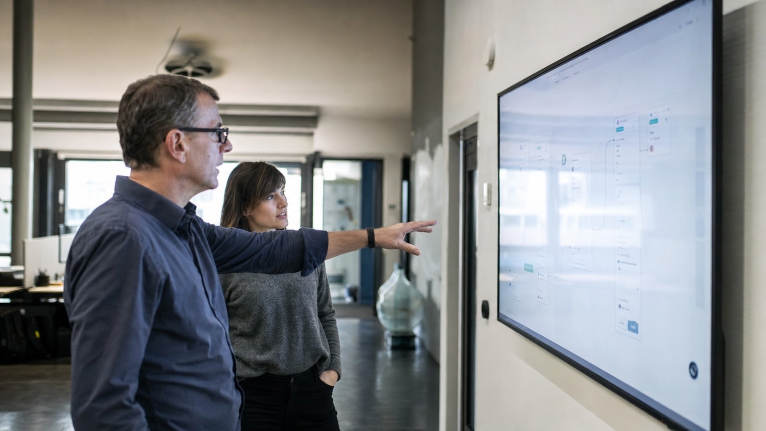 Ein österreichischer Handwerksbetrieb mit modernem Büro, in dem ein Bildschirm digitale Workflows und Automatisierungsprozesse zeigt – symbolisch für den Übergang von manuellen zu KI-gestützten Prozessen.